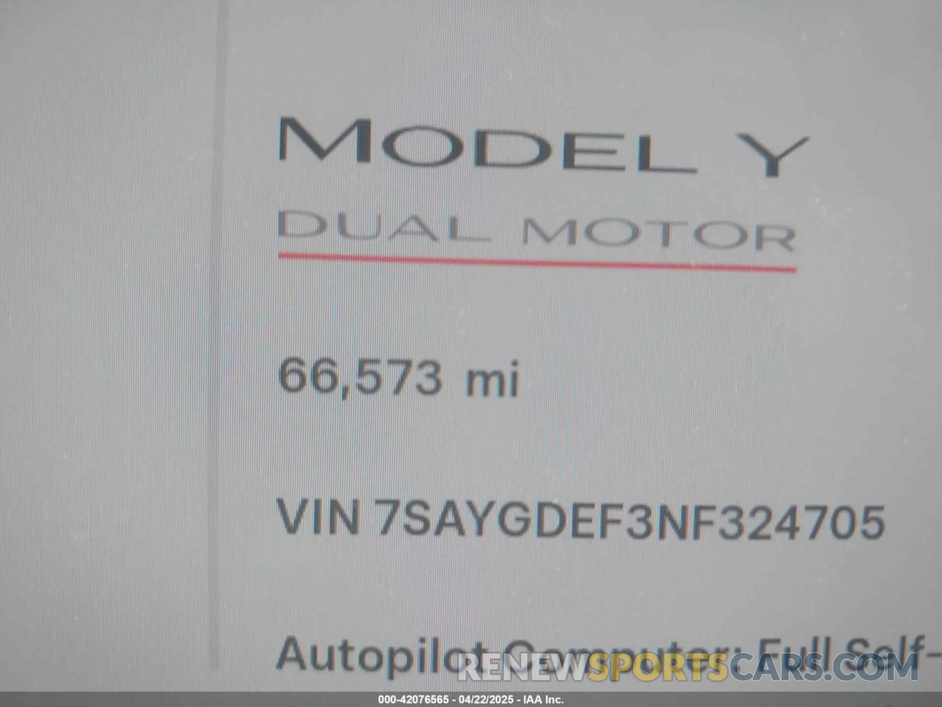 7 fotografías del automóvil dañado 7SAYGDEF3NF324705 TESLA MODEL Y 2022