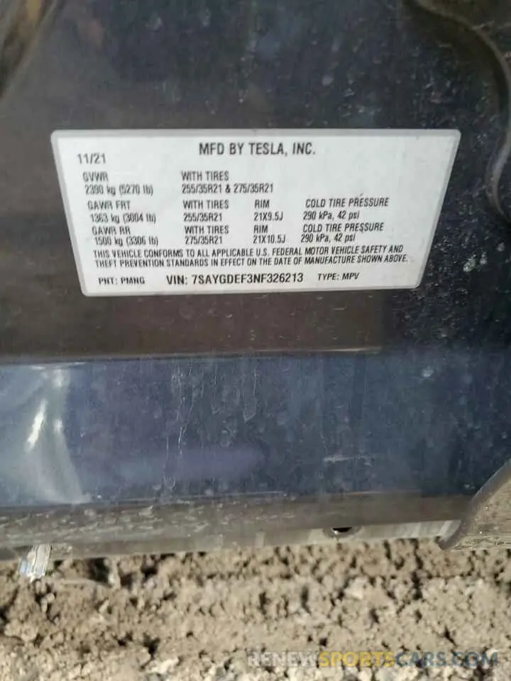 15 fotografías del automóvil dañado 7SAYGDEF3NF326213 TESLA MODEL Y 2022