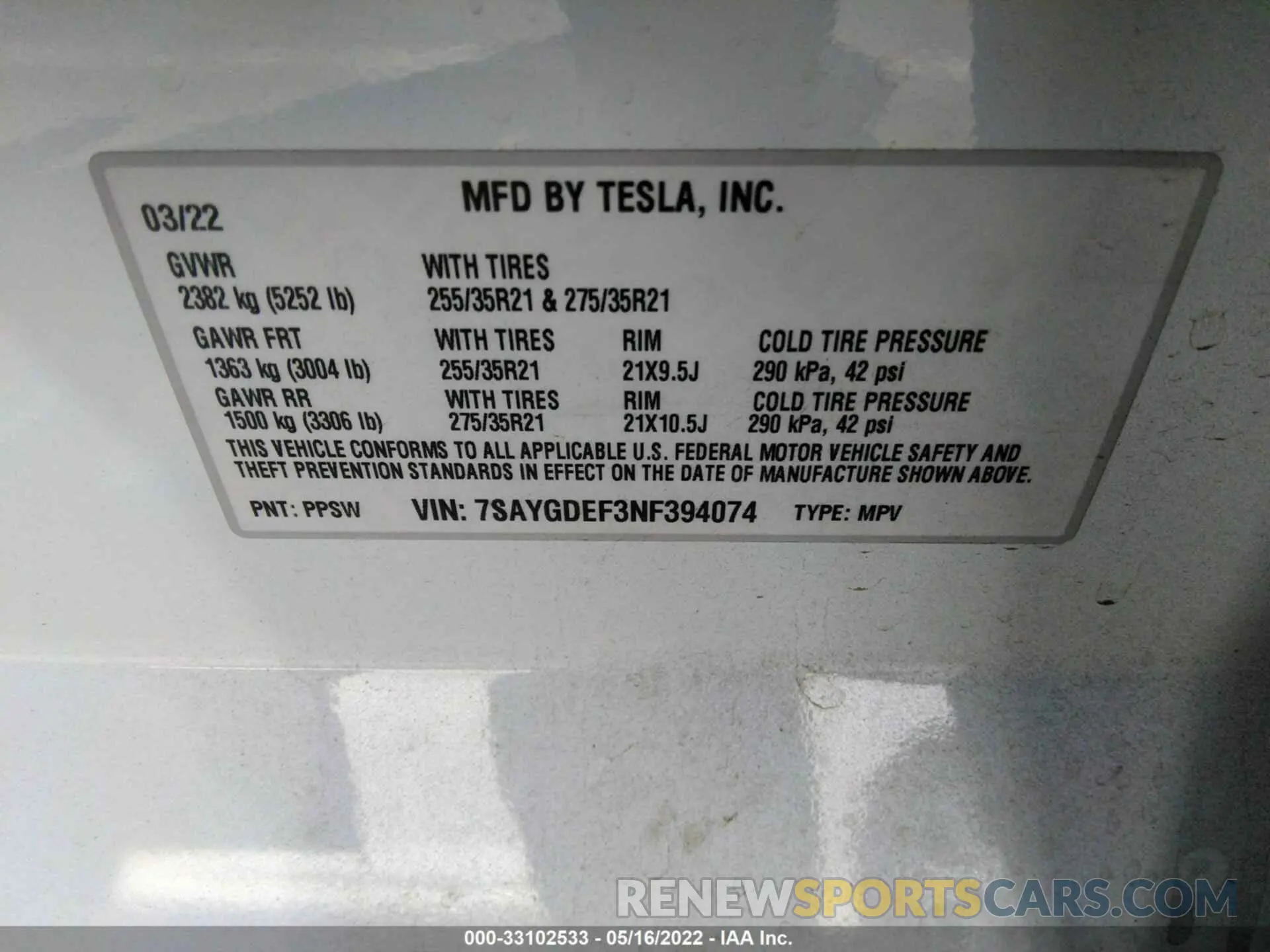 9 fotografías del automóvil dañado 7SAYGDEF3NF394074 TESLA MODEL Y 2022