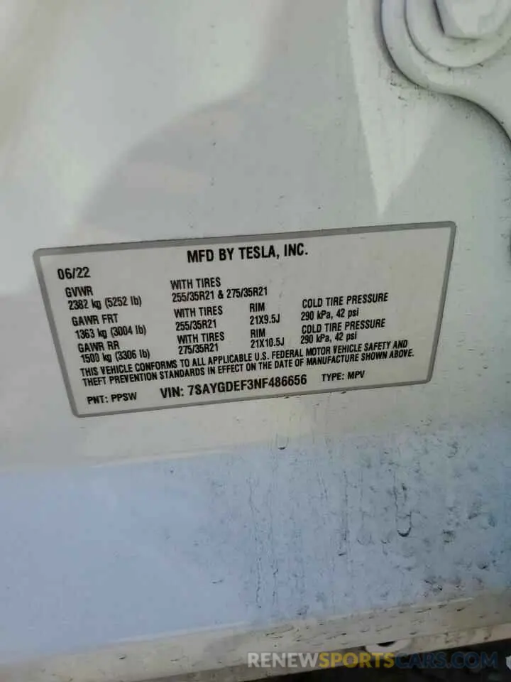 14 fotografías del automóvil dañado 7SAYGDEF3NF486656 TESLA MODEL Y 2022