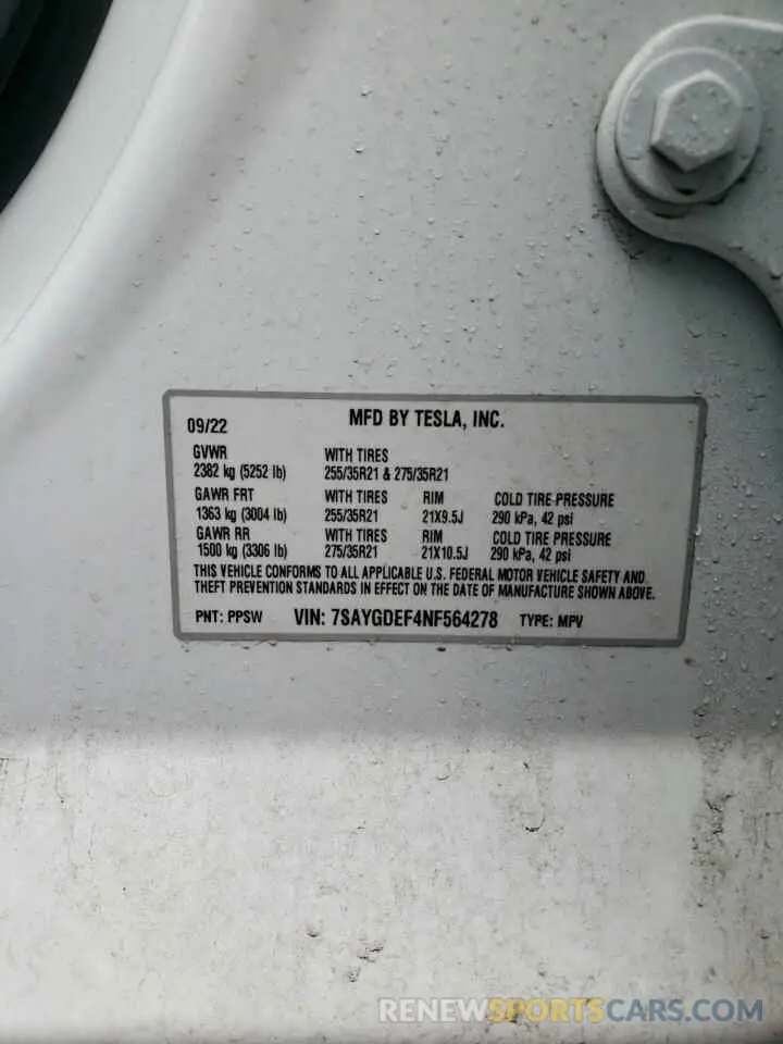 12 fotografías del automóvil dañado 7SAYGDEF4NF564278 TESLA MODEL Y 2022