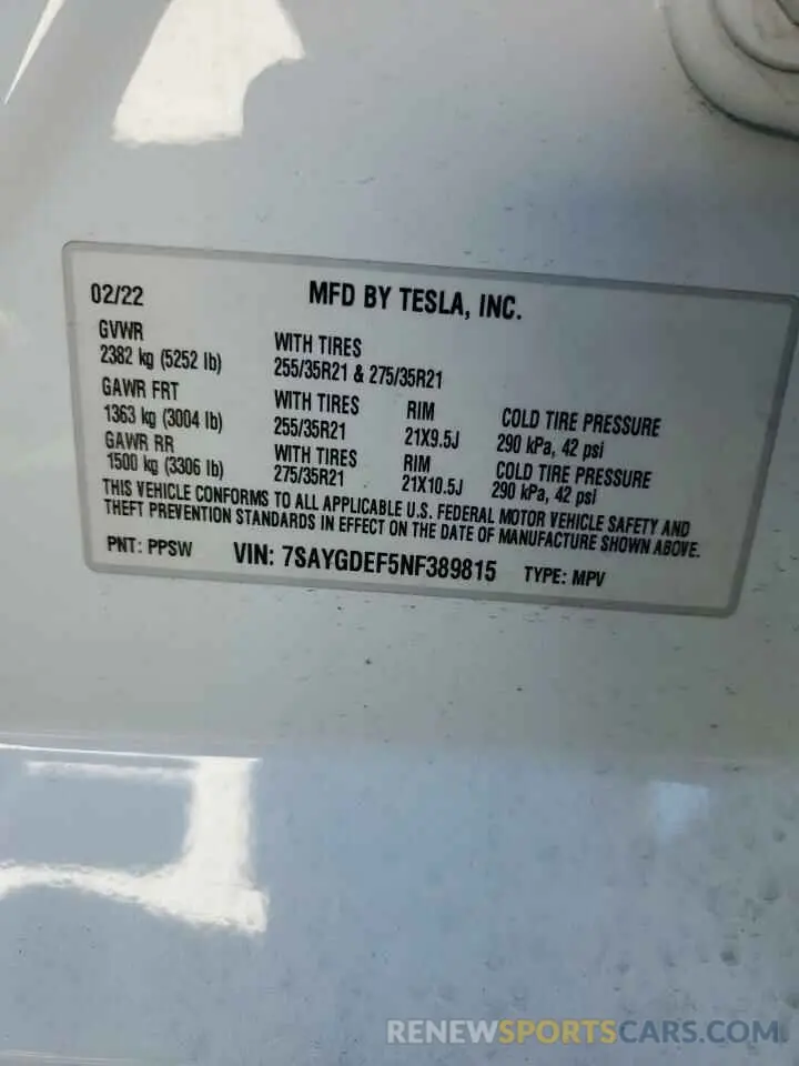 13 fotografías del automóvil dañado 7SAYGDEF5NF389815 TESLA MODEL Y 2022