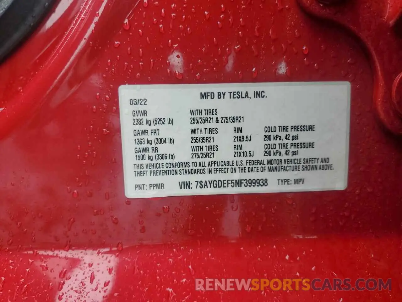 12 fotografías del automóvil dañado 7SAYGDEF5NF399938 TESLA MODEL Y 2022