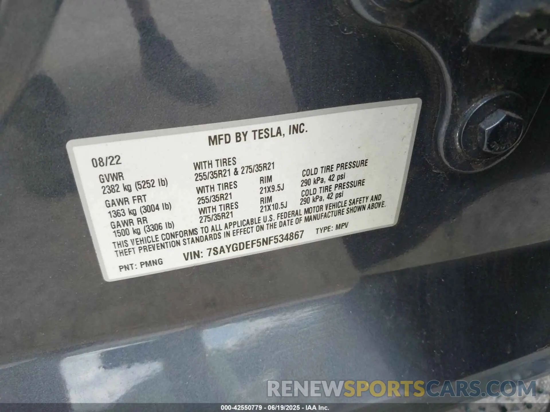 9 fotografías del automóvil dañado 7SAYGDEF5NF534867 TESLA MODEL Y 2022