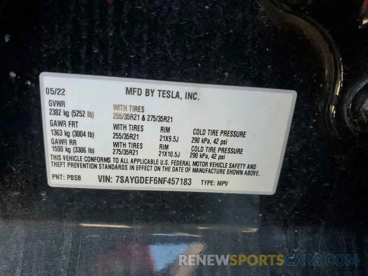 14 fotografías del automóvil dañado 7SAYGDEF6NF457183 TESLA MODEL Y 2022