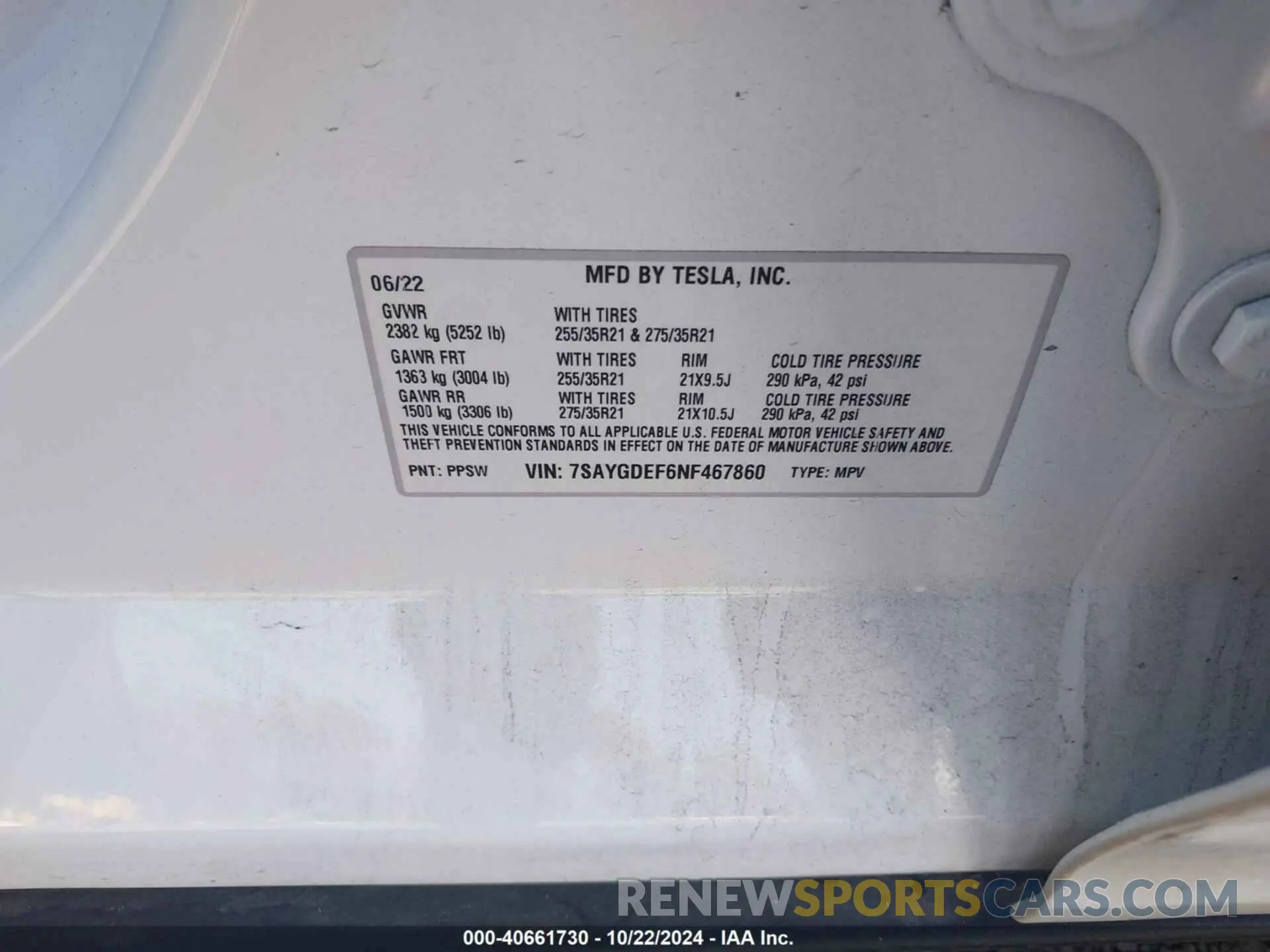 9 fotografías del automóvil dañado 7SAYGDEF6NF467860 TESLA MODEL Y 2022