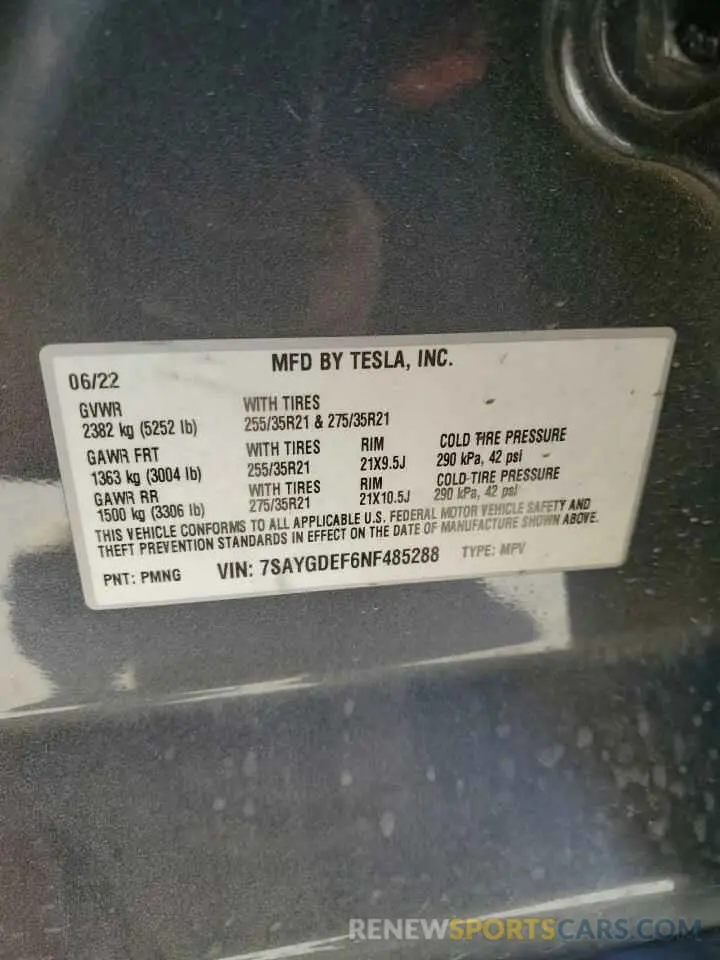 15 fotografías del automóvil dañado 7SAYGDEF6NF485288 TESLA MODEL Y 2022
