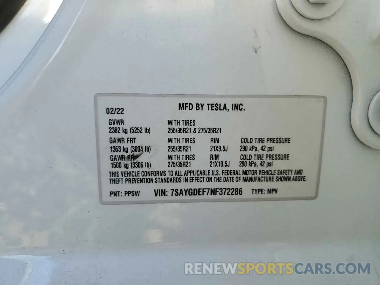 10 fotografías del automóvil dañado 7SAYGDEF7NF372286 TESLA MODEL Y 2022