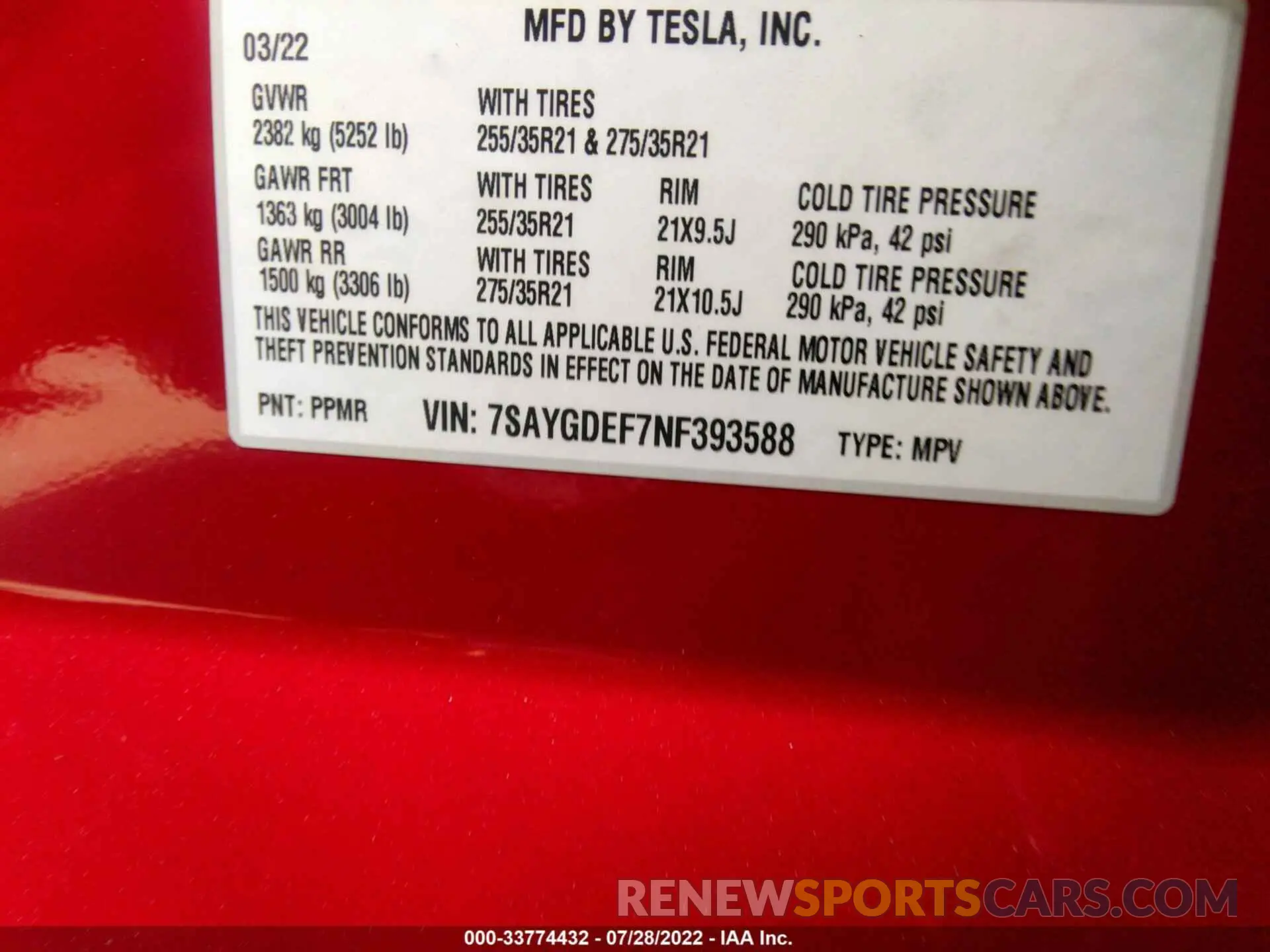 9 fotografías del automóvil dañado 7SAYGDEF7NF393588 TESLA MODEL Y 2022