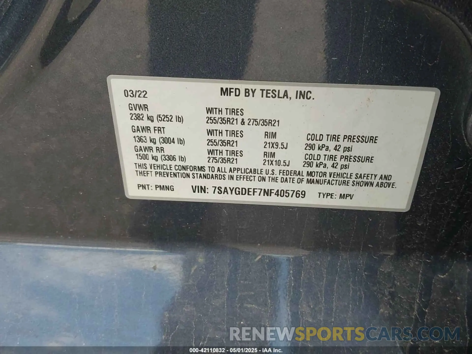 9 fotografías del automóvil dañado 7SAYGDEF7NF405769 TESLA MODEL Y 2022