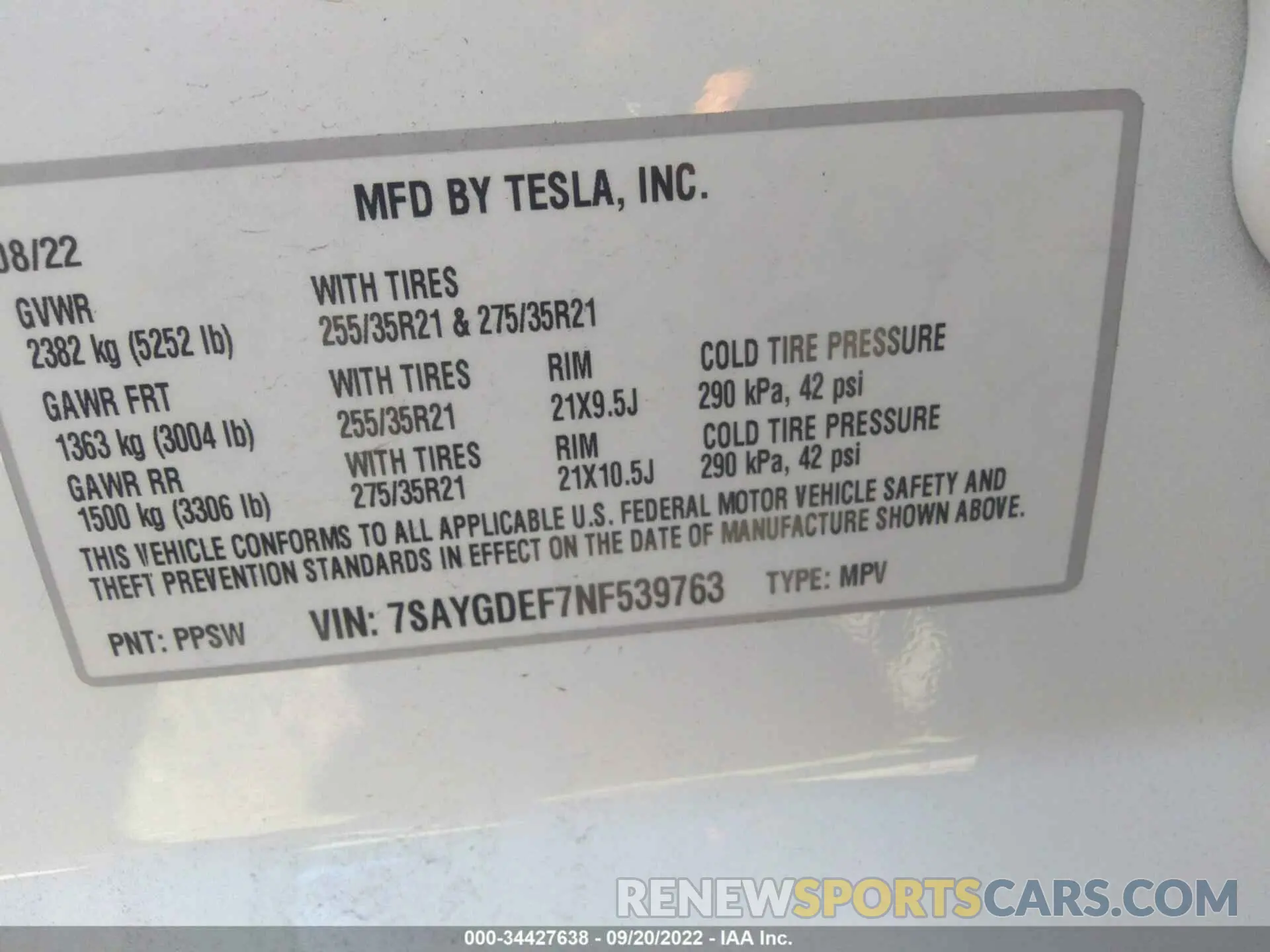 9 fotografías del automóvil dañado 7SAYGDEF7NF539763 TESLA MODEL Y 2022