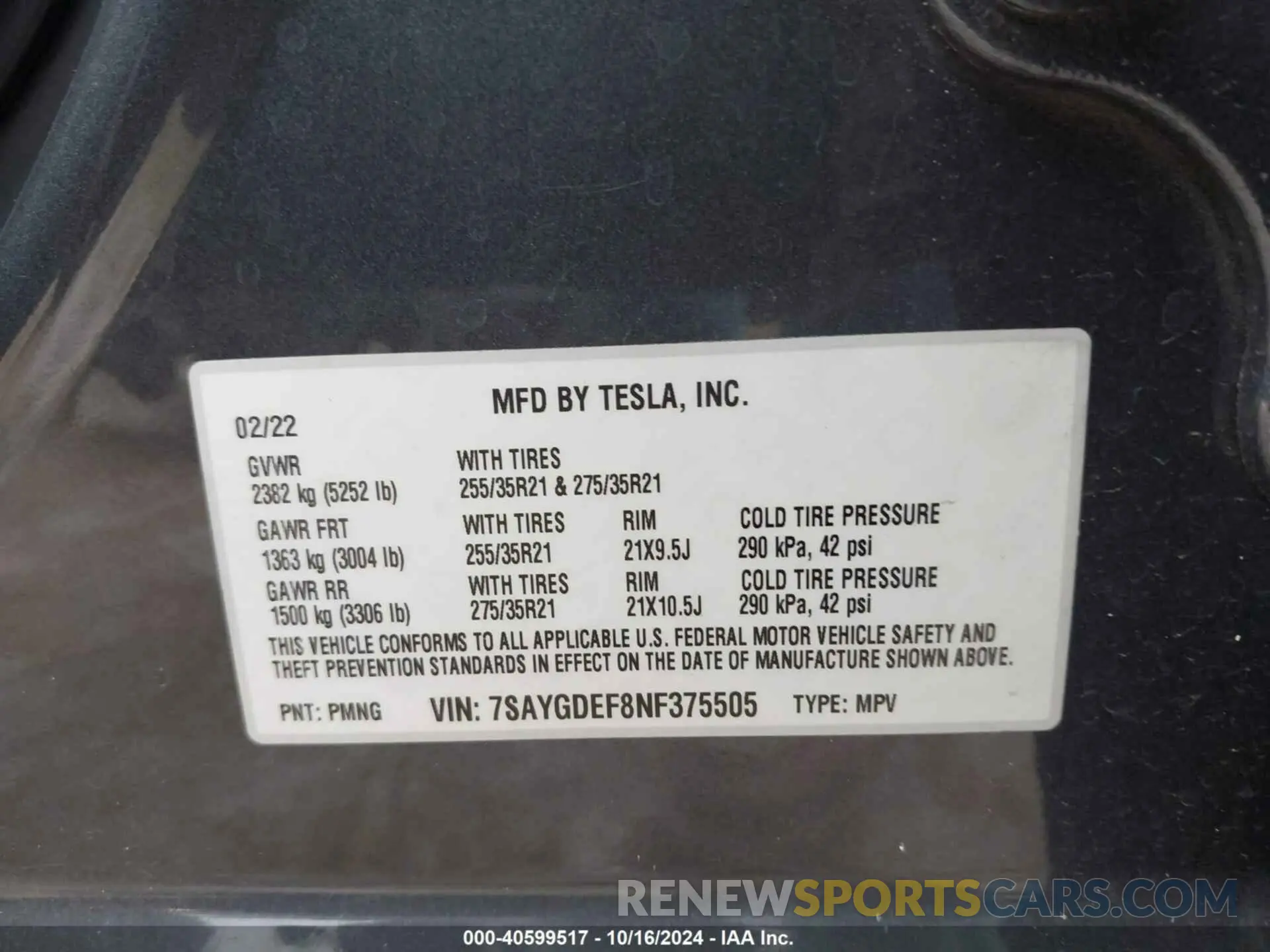 9 fotografías del automóvil dañado 7SAYGDEF8NF375505 TESLA MODEL Y 2022