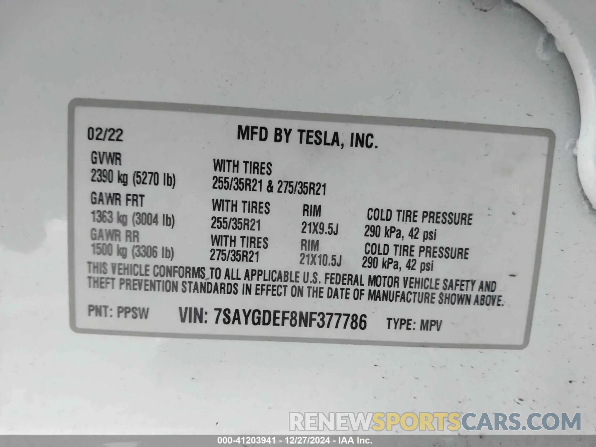 9 fotografías del automóvil dañado 7SAYGDEF8NF377786 TESLA MODEL Y 2022