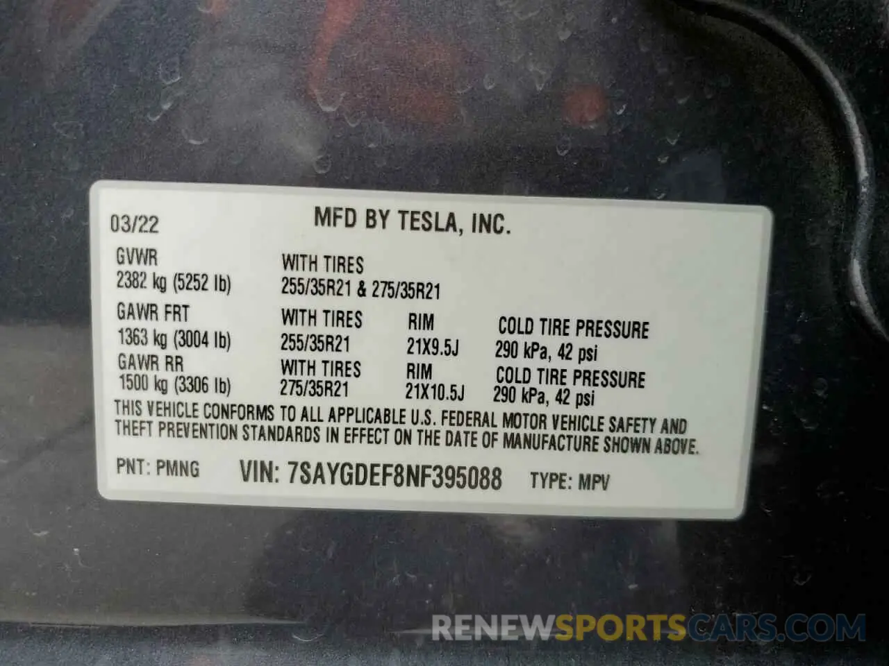 10 fotografías del automóvil dañado 7SAYGDEF8NF395088 TESLA MODEL Y 2022