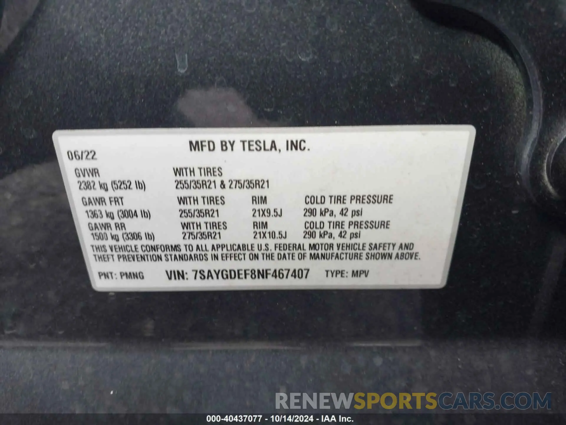 9 fotografías del automóvil dañado 7SAYGDEF8NF467407 TESLA MODEL Y 2022