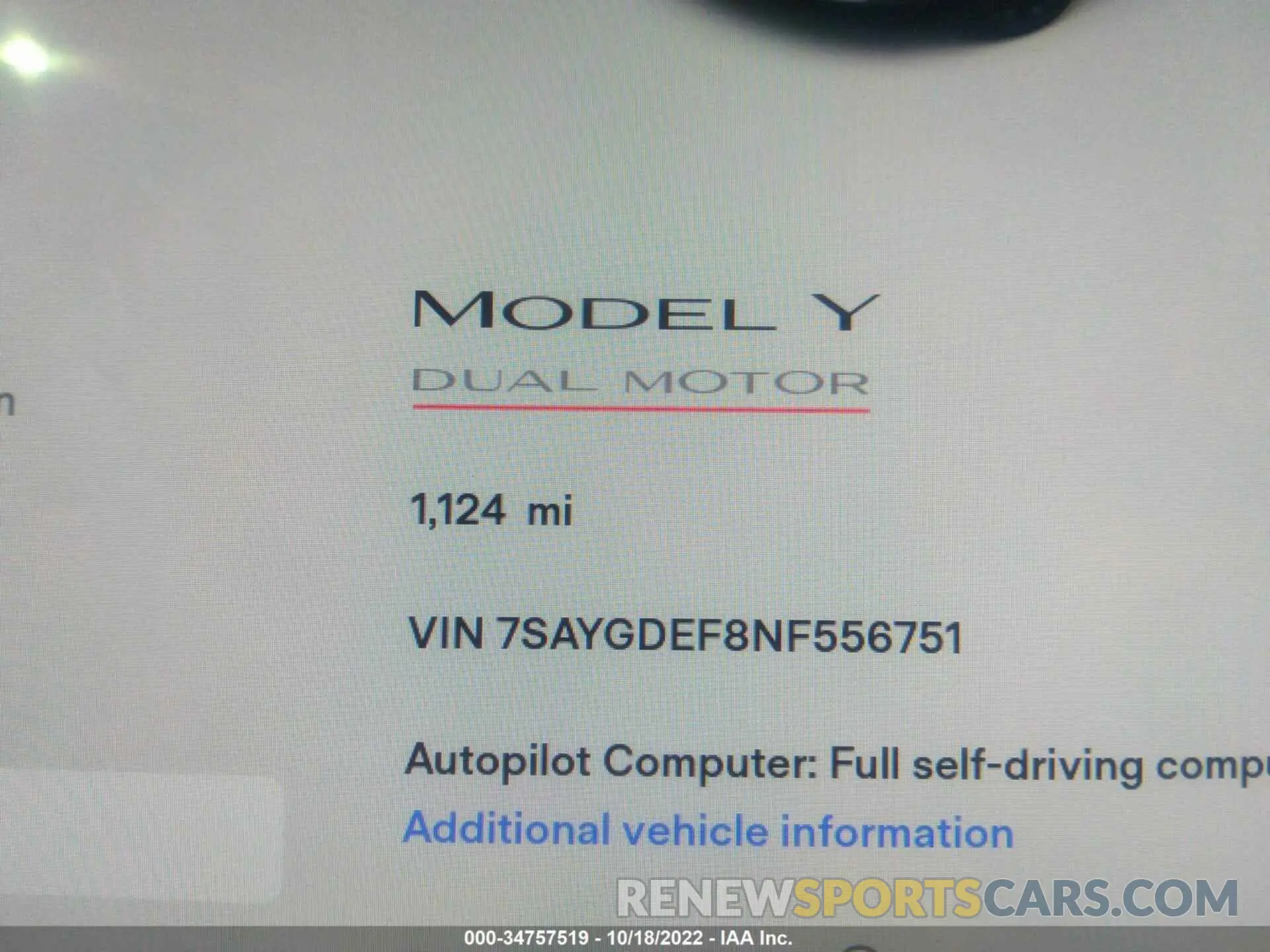 7 fotografías del automóvil dañado 7SAYGDEF8NF556751 TESLA MODEL Y 2022