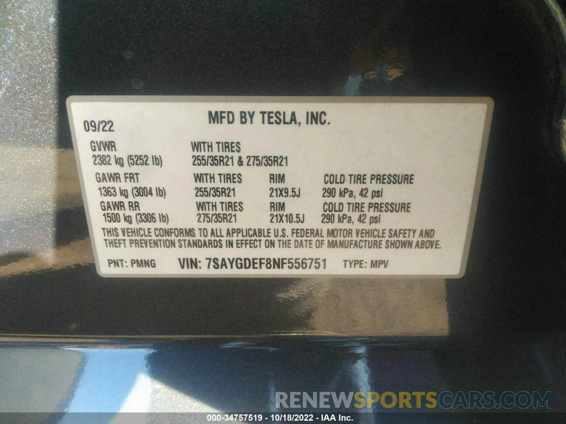 9 fotografías del automóvil dañado 7SAYGDEF8NF556751 TESLA MODEL Y 2022
