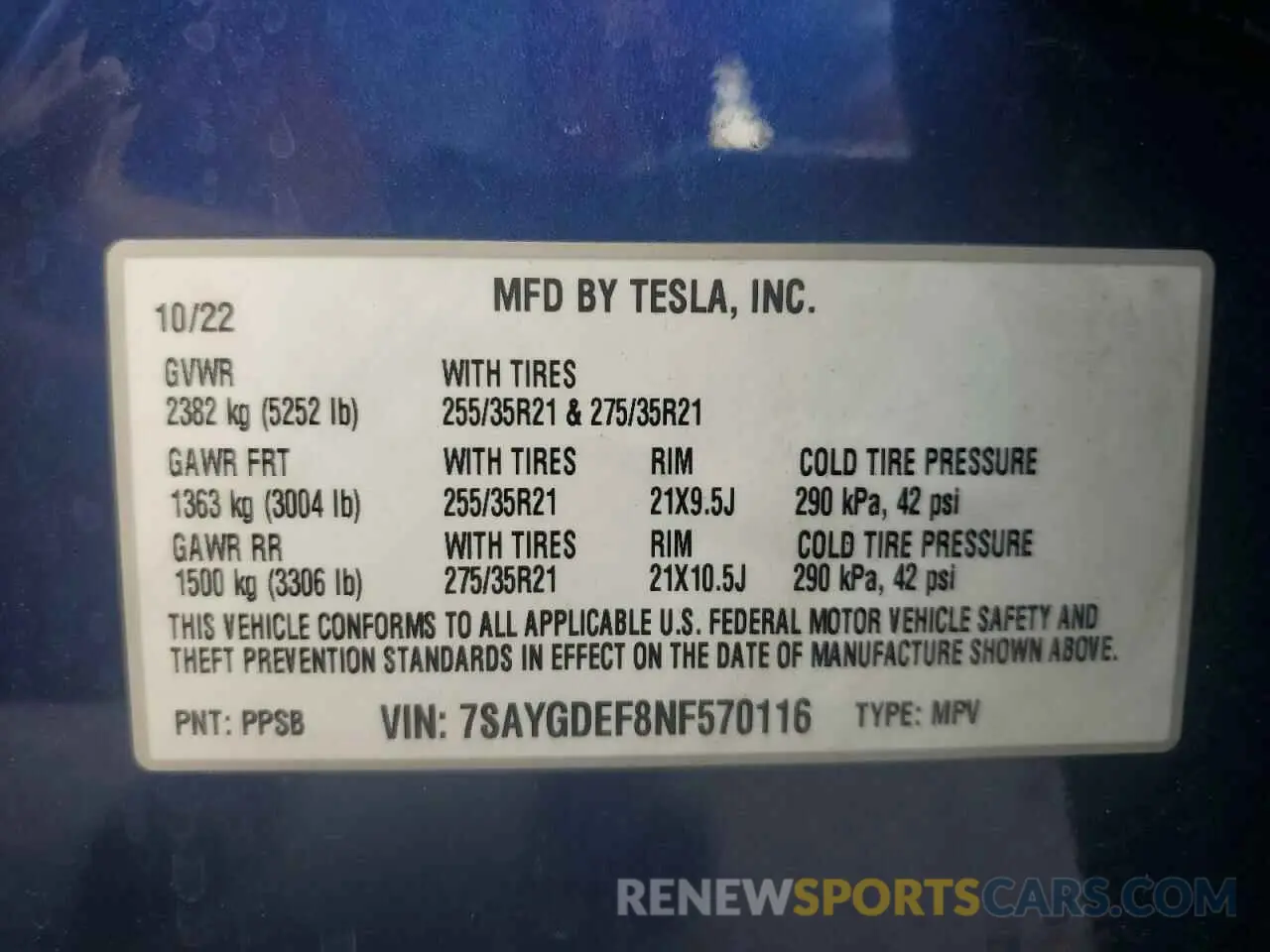 12 fotografías del automóvil dañado 7SAYGDEF8NF570116 TESLA MODEL Y 2022