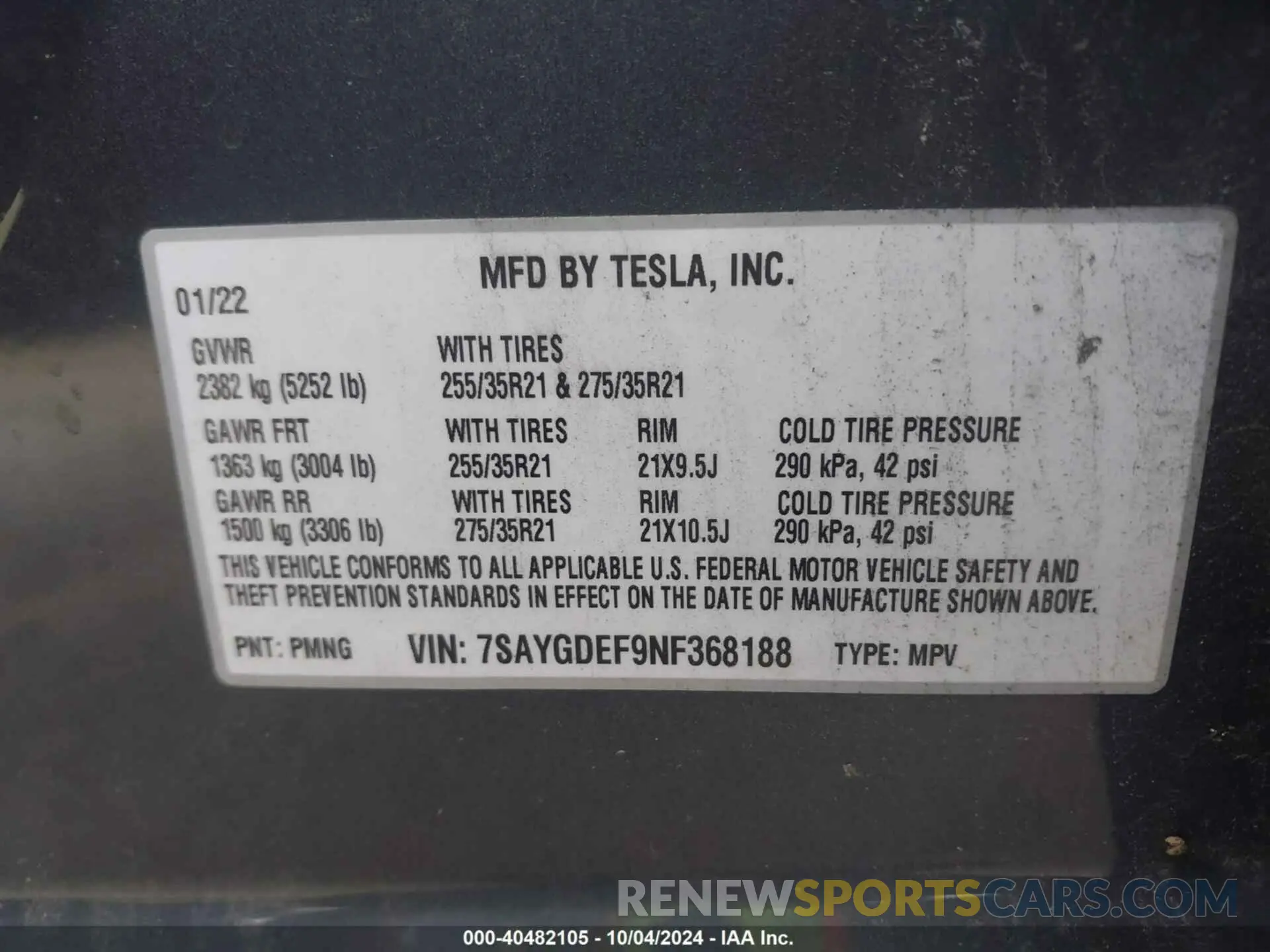 9 fotografías del automóvil dañado 7SAYGDEF9NF368188 TESLA MODEL Y 2022