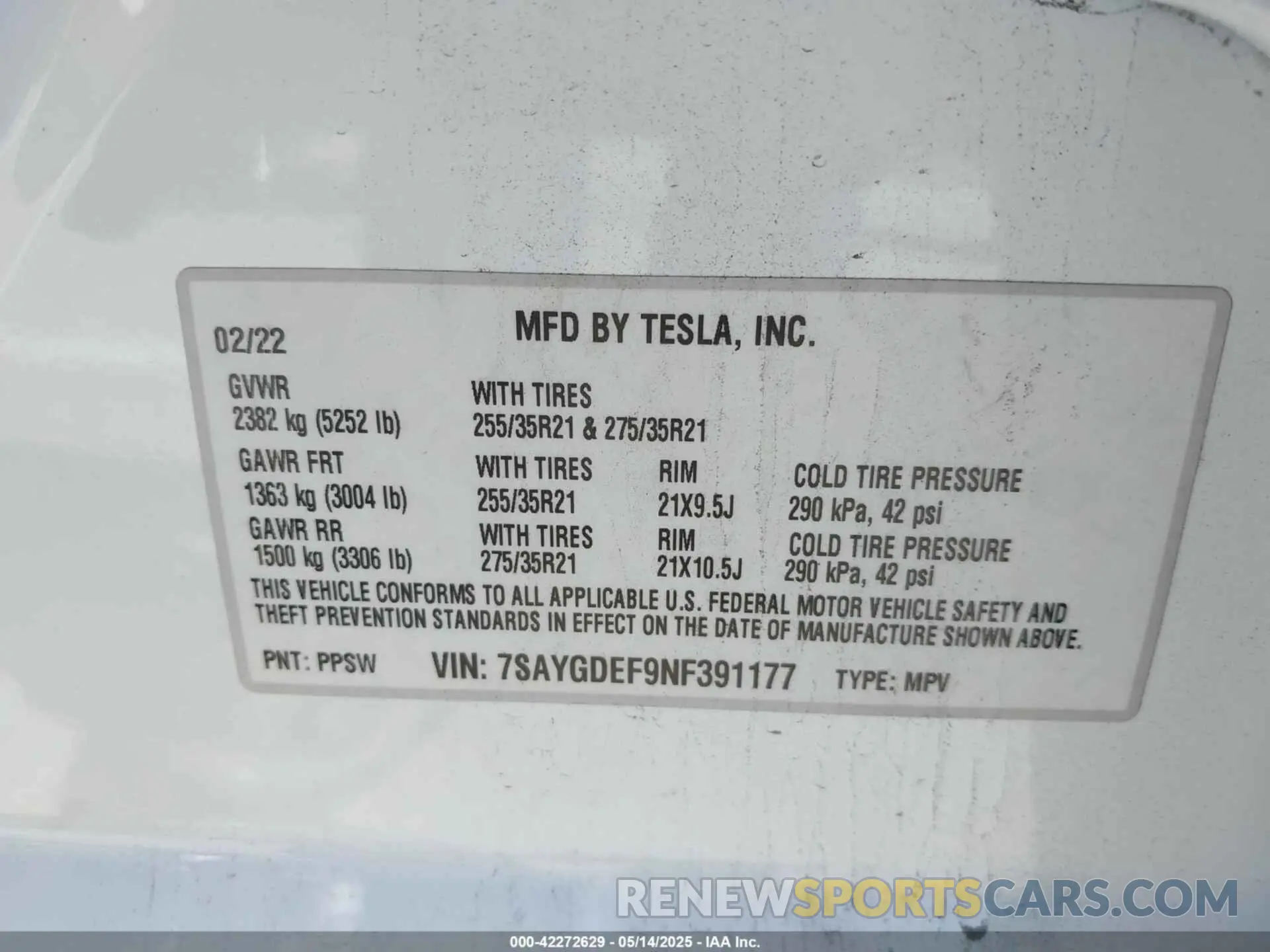 9 fotografías del automóvil dañado 7SAYGDEF9NF391177 TESLA MODEL Y 2022