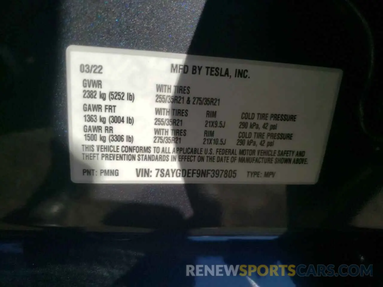 10 fotografías del automóvil dañado 7SAYGDEF9NF397805 TESLA MODEL Y 2022