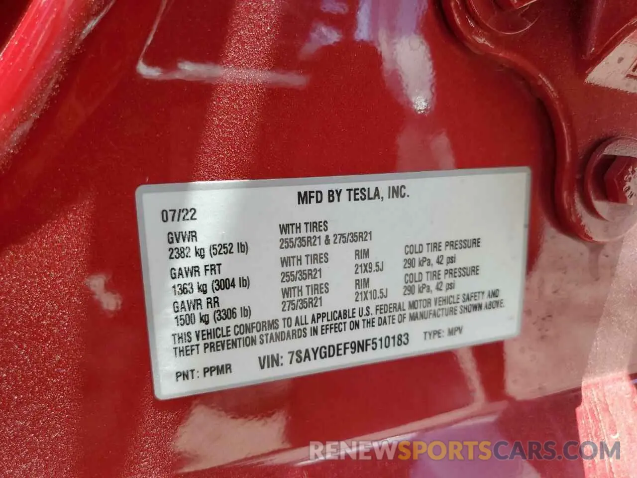 13 fotografías del automóvil dañado 7SAYGDEF9NF510183 TESLA MODEL Y 2022