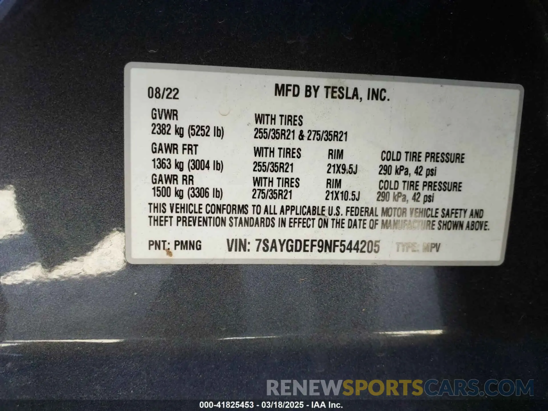 9 fotografías del automóvil dañado 7SAYGDEF9NF544205 TESLA MODEL Y 2022