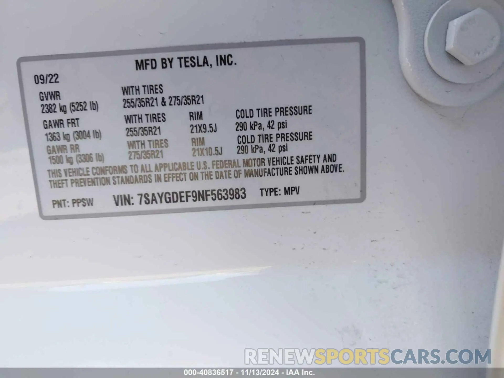 9 fotografías del automóvil dañado 7SAYGDEF9NF563983 TESLA MODEL Y 2022