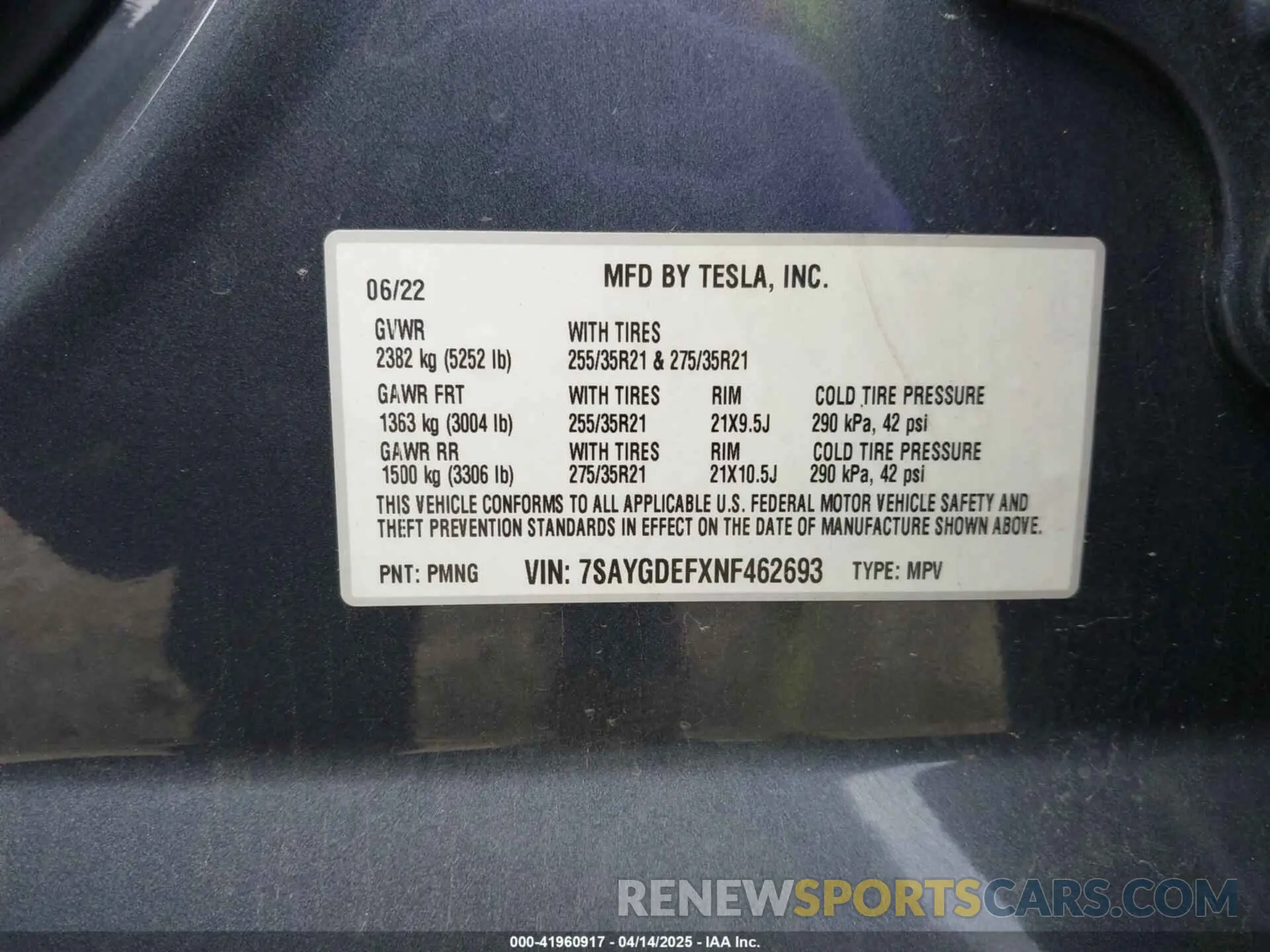 9 fotografías del automóvil dañado 7SAYGDEFXNF462693 TESLA MODEL Y 2022