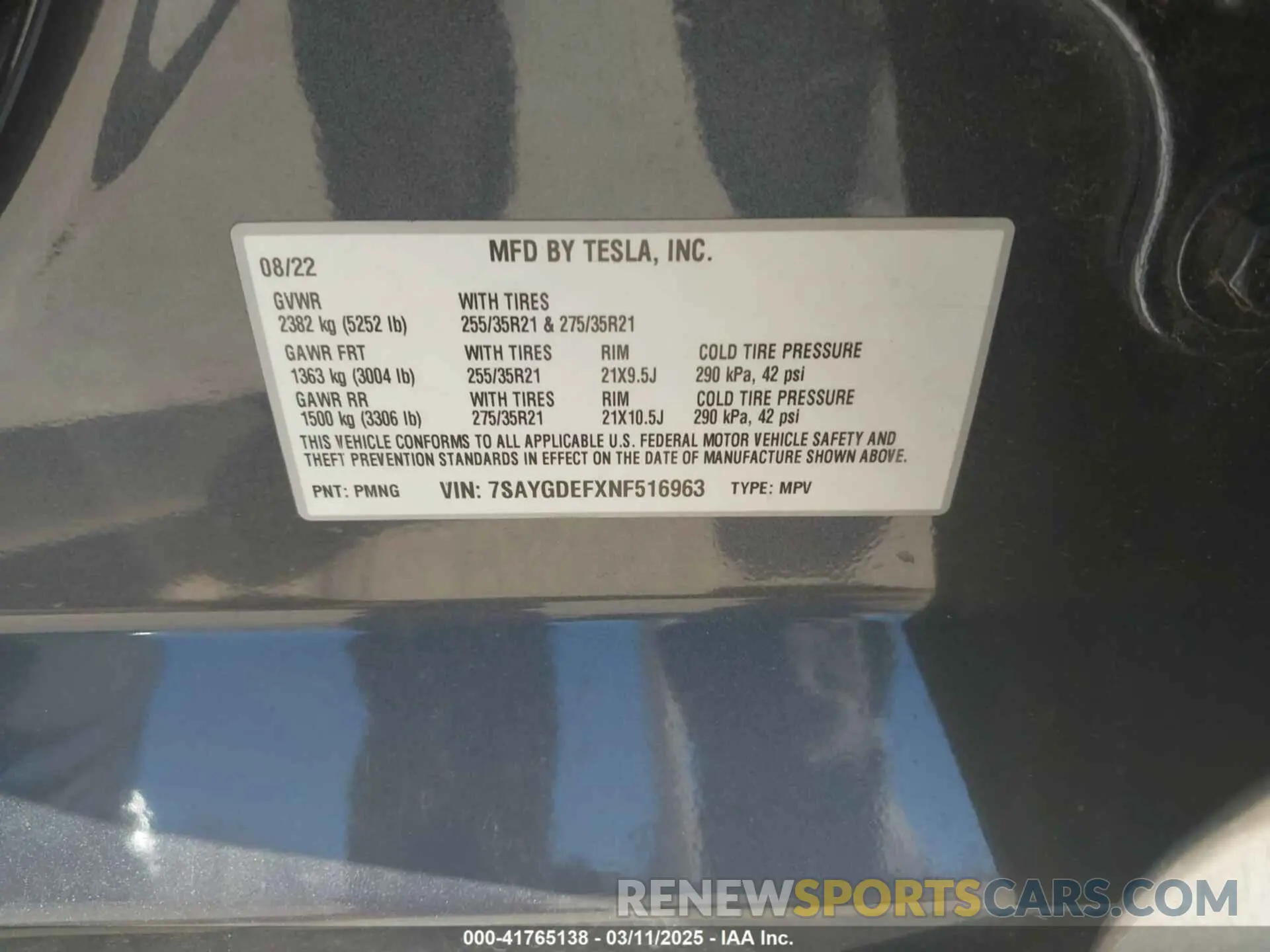 9 fotografías del automóvil dañado 7SAYGDEFXNF516963 TESLA MODEL Y 2022