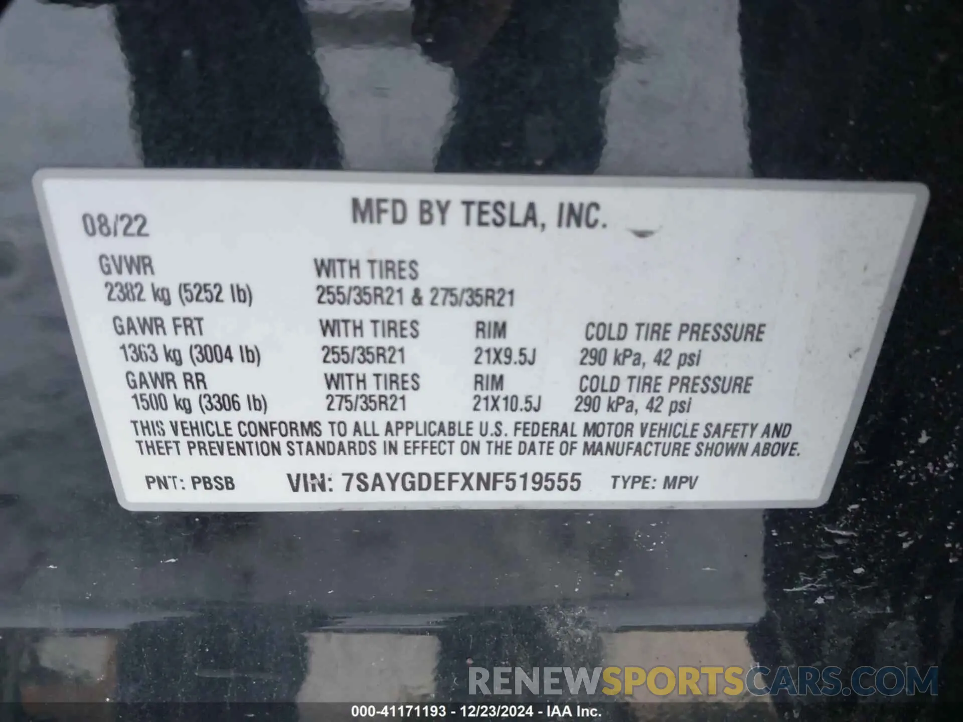 9 fotografías del automóvil dañado 7SAYGDEFXNF519555 TESLA MODEL Y 2022