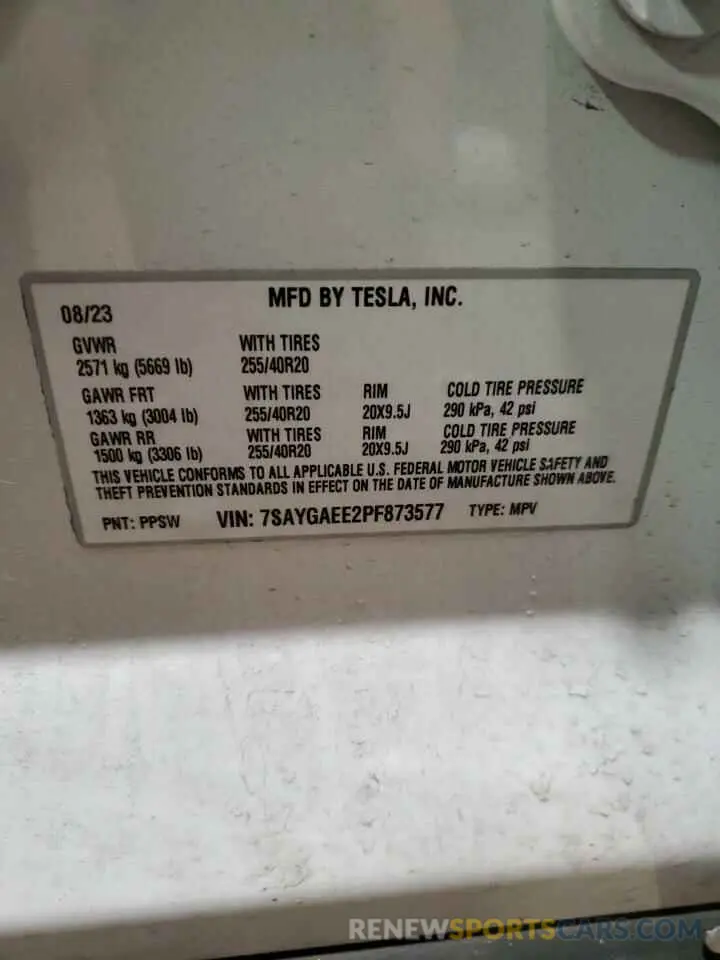 13 fotografías del automóvil dañado 7SAYGAEE2PF873577 TESLA MODEL Y 2023