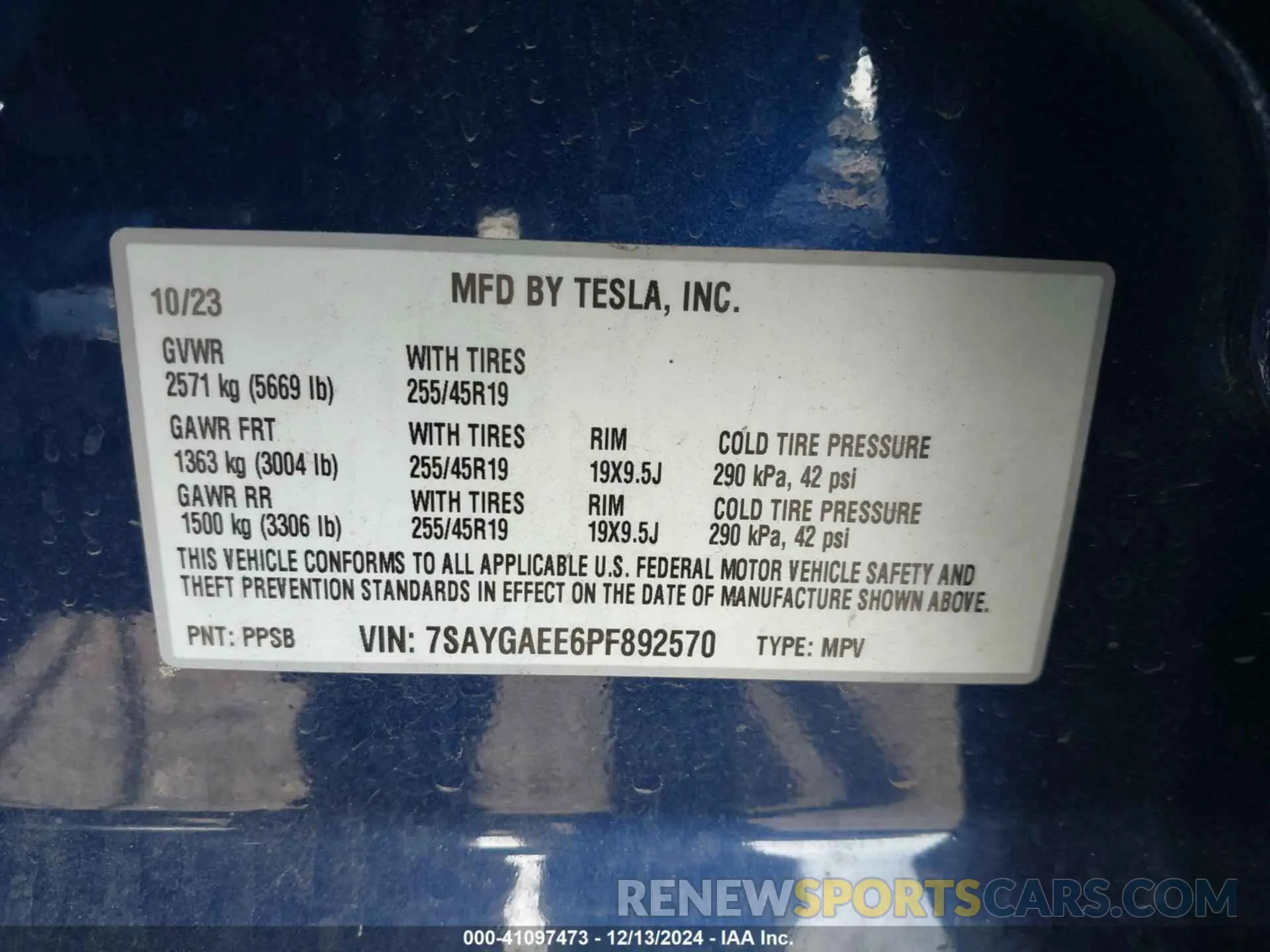 9 fotografías del automóvil dañado 7SAYGAEE6PF892570 TESLA MODEL Y 2023
