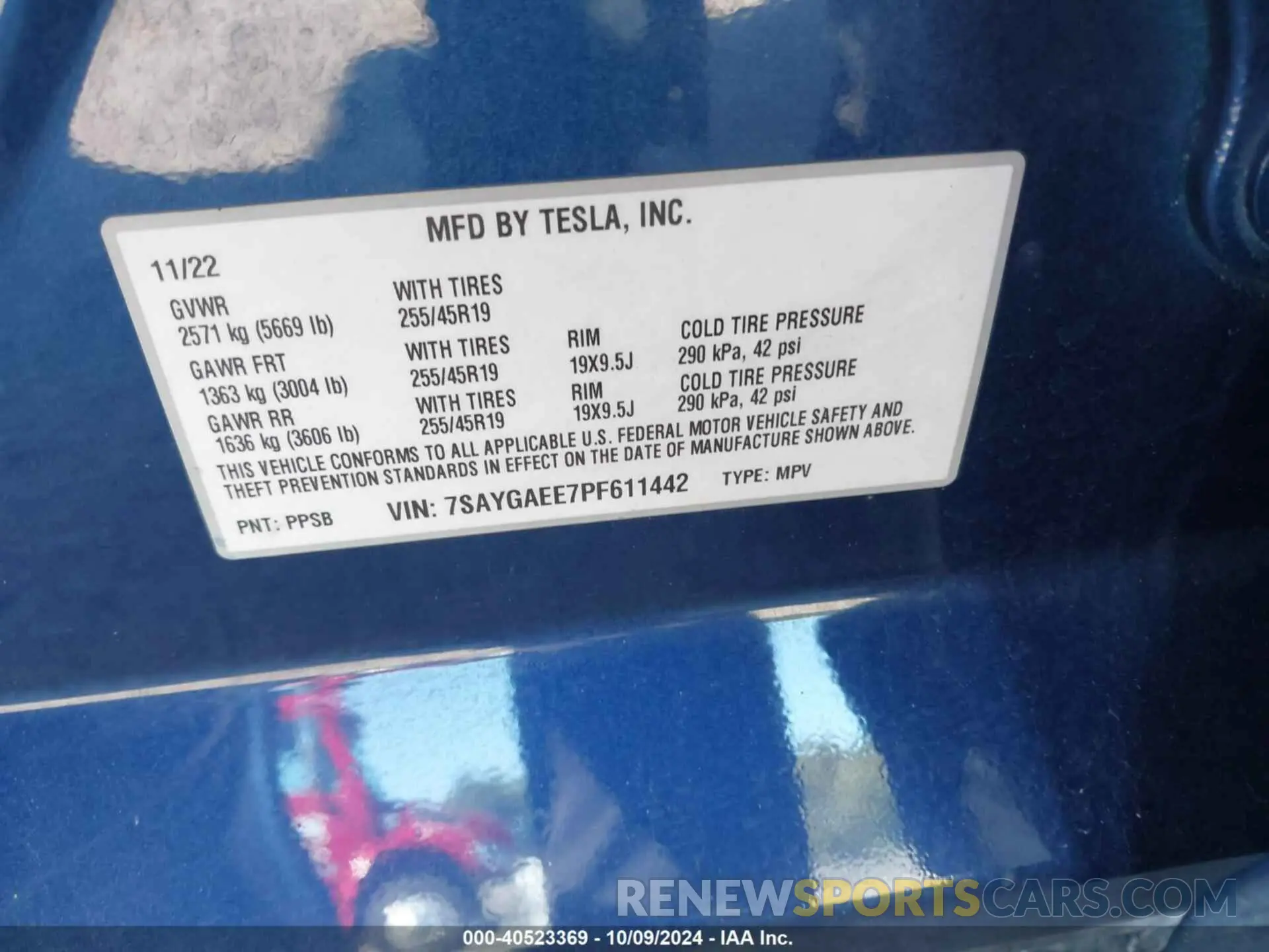 9 fotografías del automóvil dañado 7SAYGAEE7PF611442 TESLA MODEL Y 2023