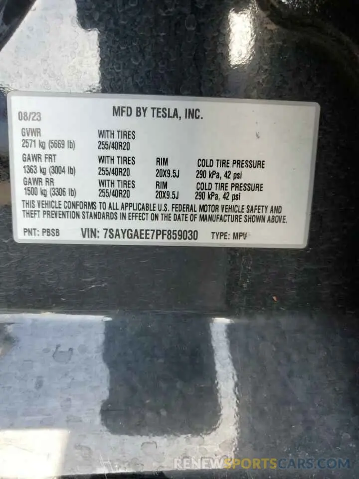 12 fotografías del automóvil dañado 7SAYGAEE7PF859030 TESLA MODEL Y 2023