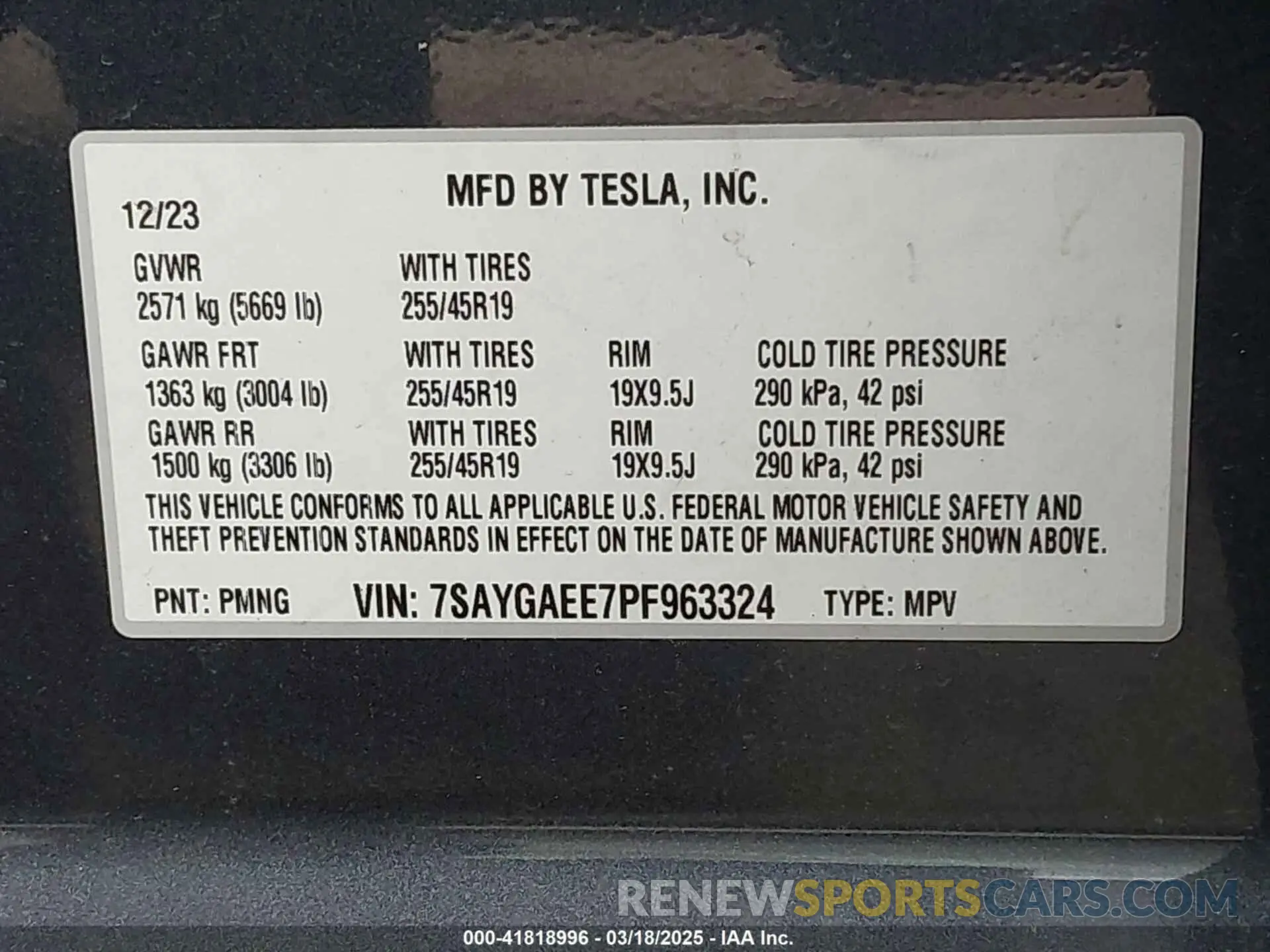9 fotografías del automóvil dañado 7SAYGAEE7PF963324 TESLA MODEL Y 2023