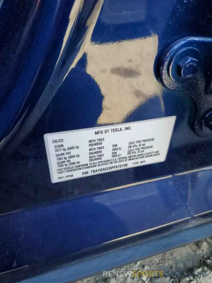 13 fotografías del automóvil dañado 7SAYGAEE8PF870196 TESLA MODEL Y 2023