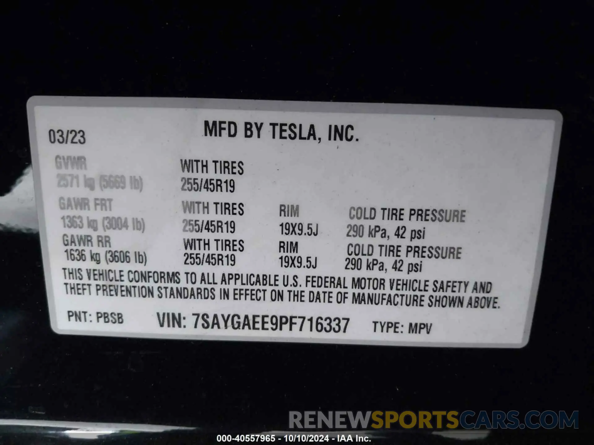 9 fotografías del automóvil dañado 7SAYGAEE9PF716337 TESLA MODEL Y 2023