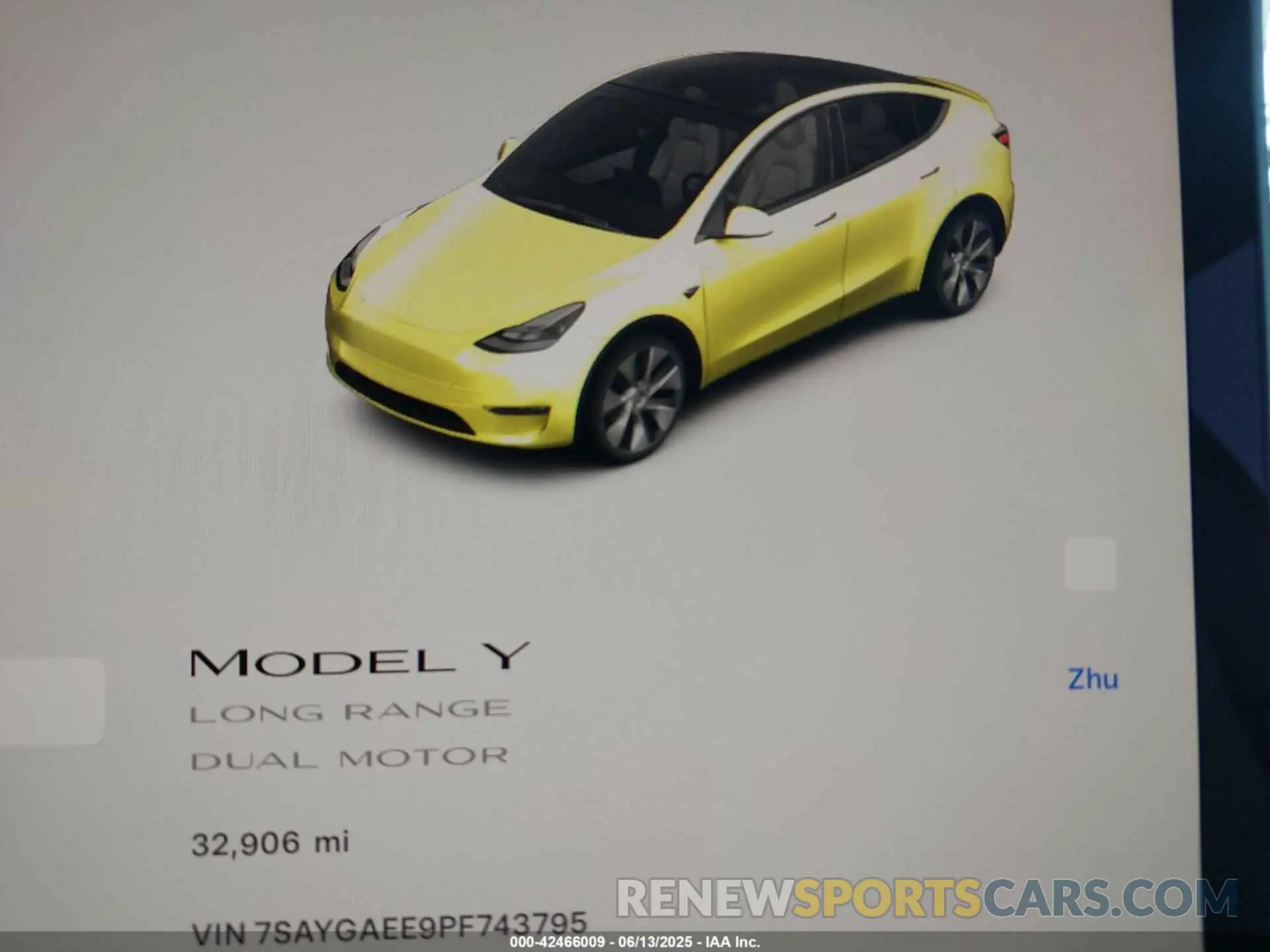 7 fotografías del automóvil dañado 7SAYGAEE9PF743795 TESLA MODEL Y 2023