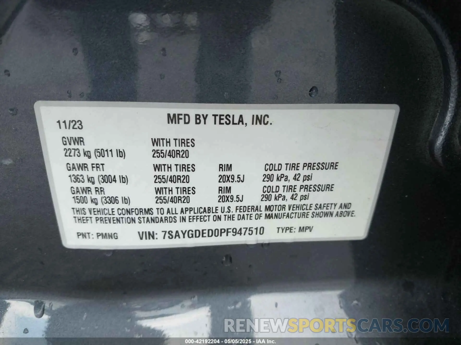 9 fotografías del automóvil dañado 7SAYGDED0PF947510 TESLA MODEL Y 2023