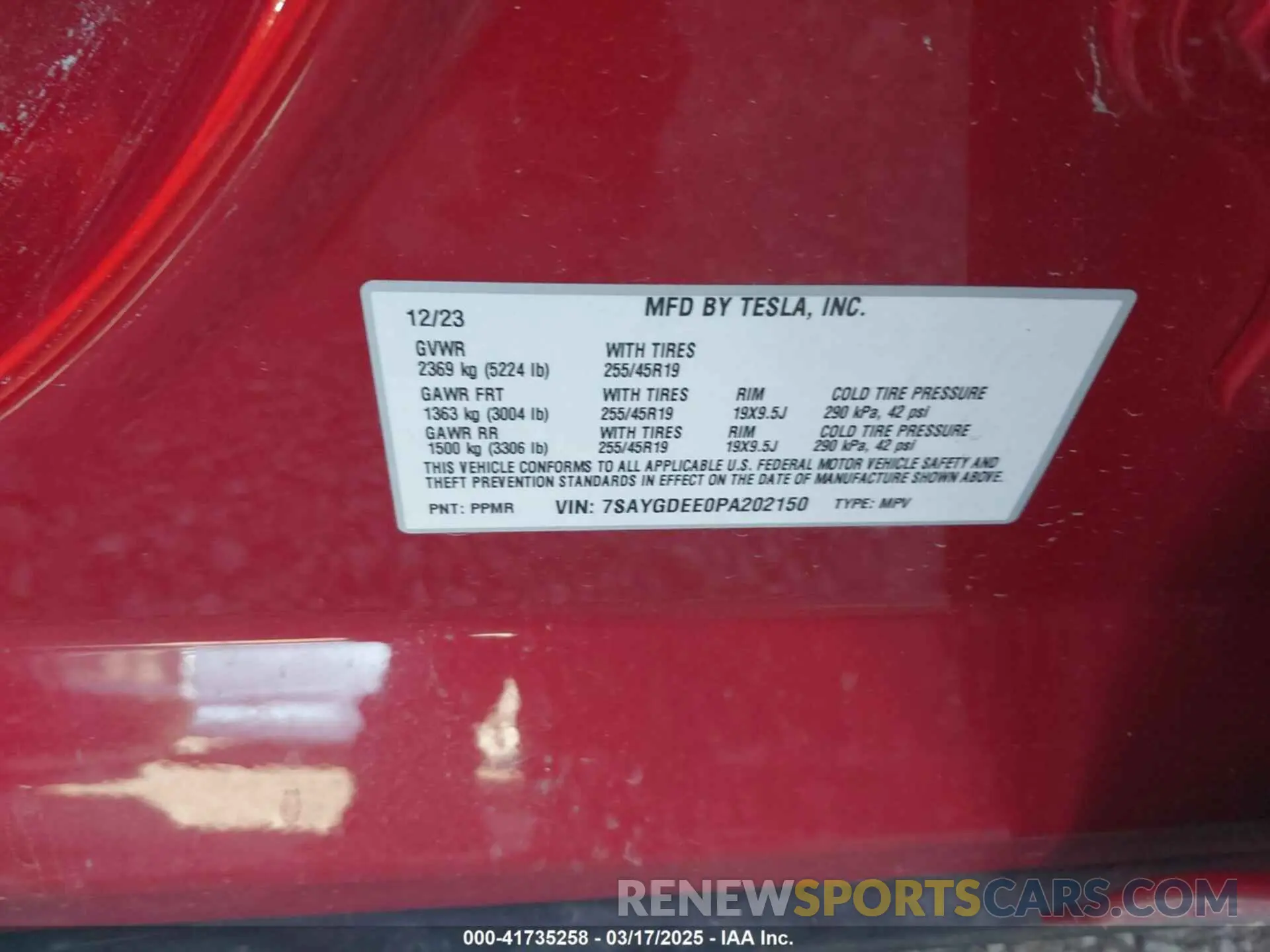 9 fotografías del automóvil dañado 7SAYGDEE0PA202150 TESLA MODEL Y 2023