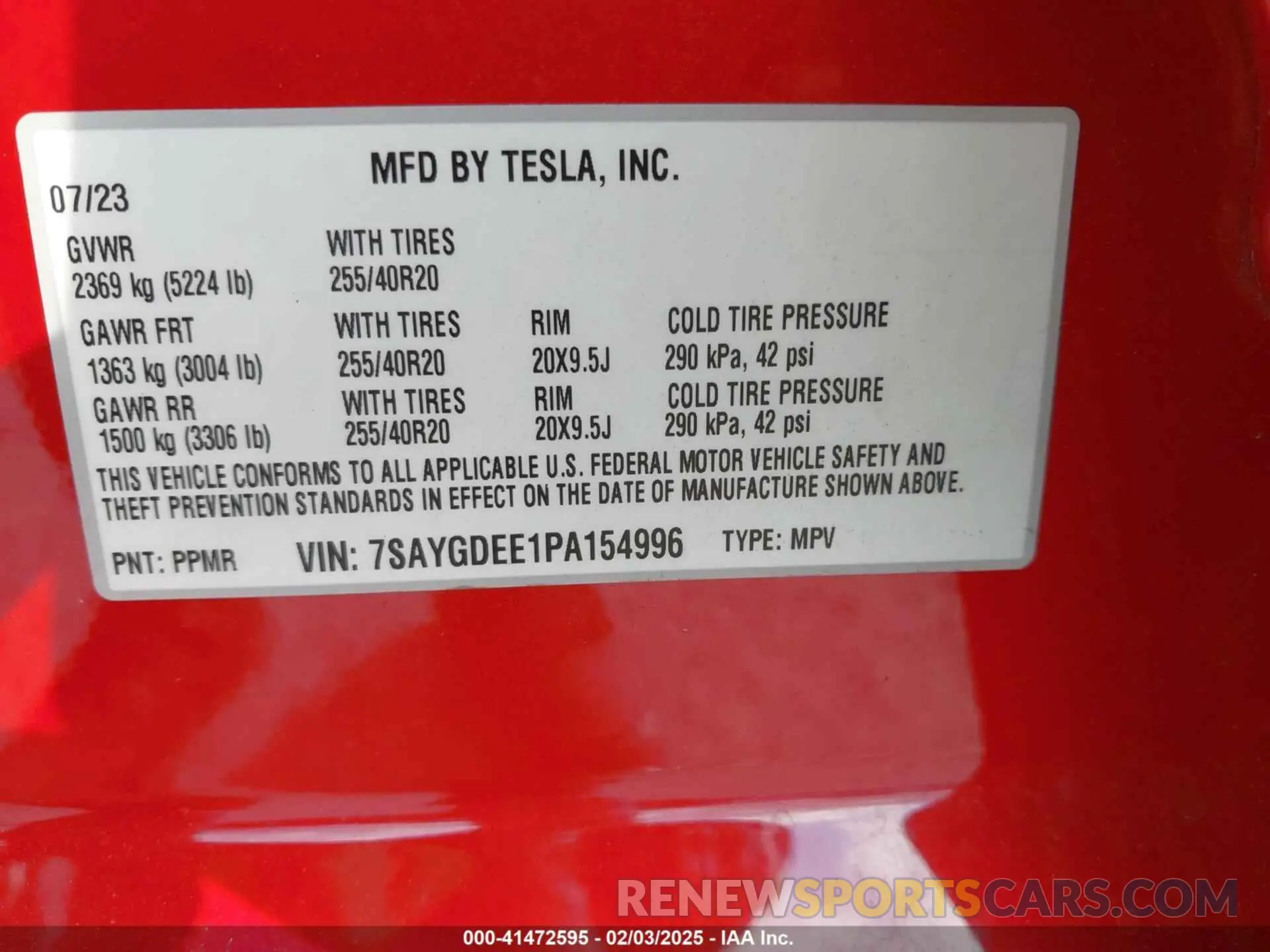 9 fotografías del automóvil dañado 7SAYGDEE1PA154996 TESLA MODEL Y 2023