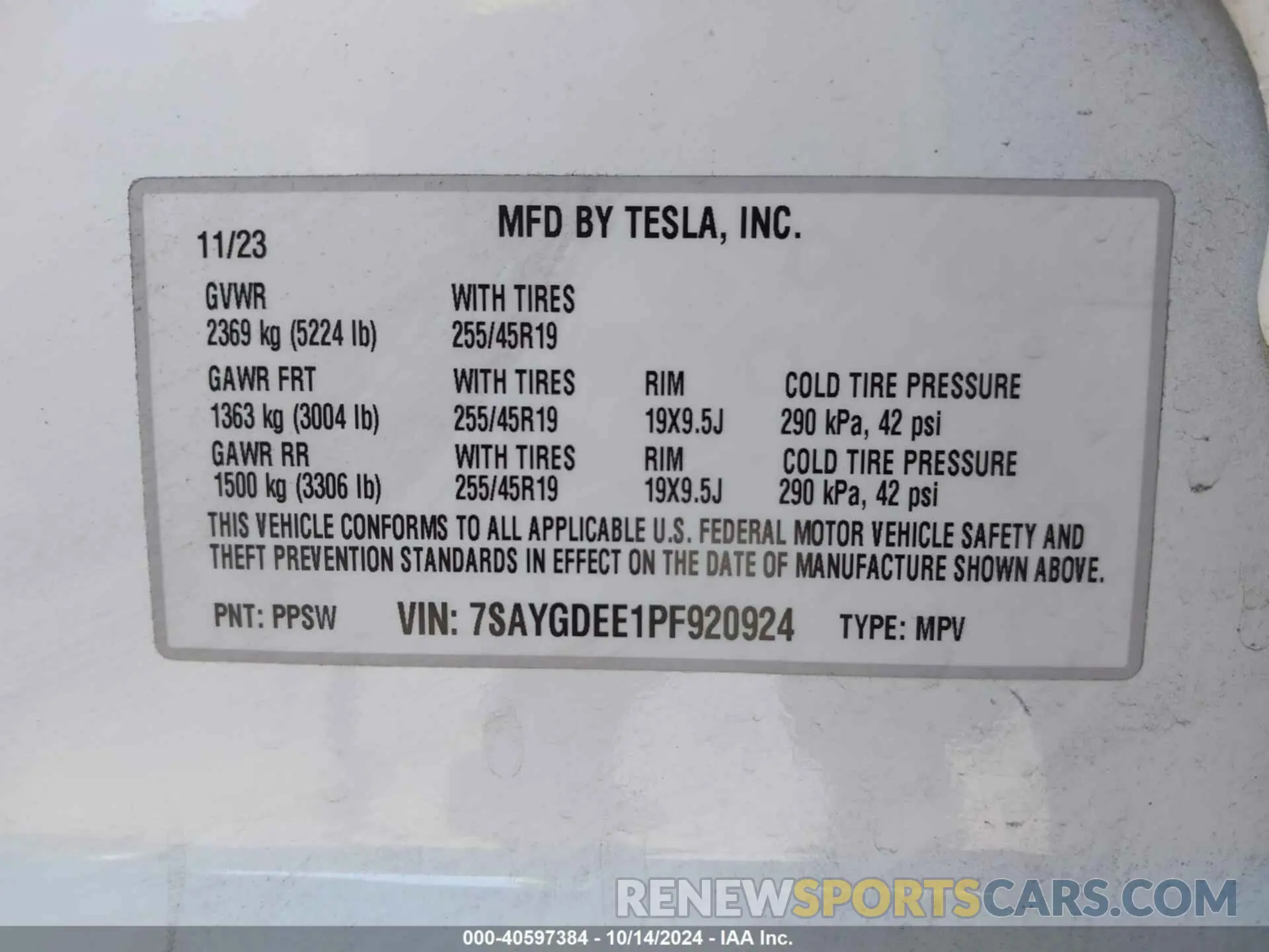 9 fotografías del automóvil dañado 7SAYGDEE1PF920924 TESLA MODEL Y 2023