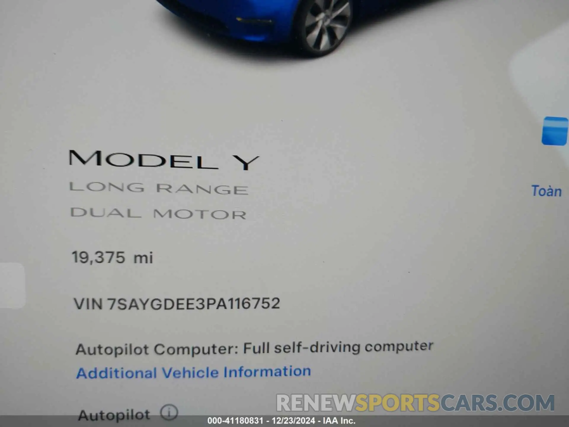 7 fotografías del automóvil dañado 7SAYGDEE3PA116752 TESLA MODEL Y 2023