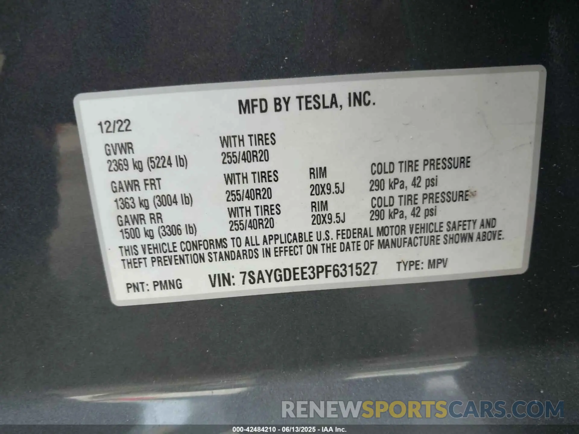 9 fotografías del automóvil dañado 7SAYGDEE3PF631527 TESLA MODEL Y 2023
