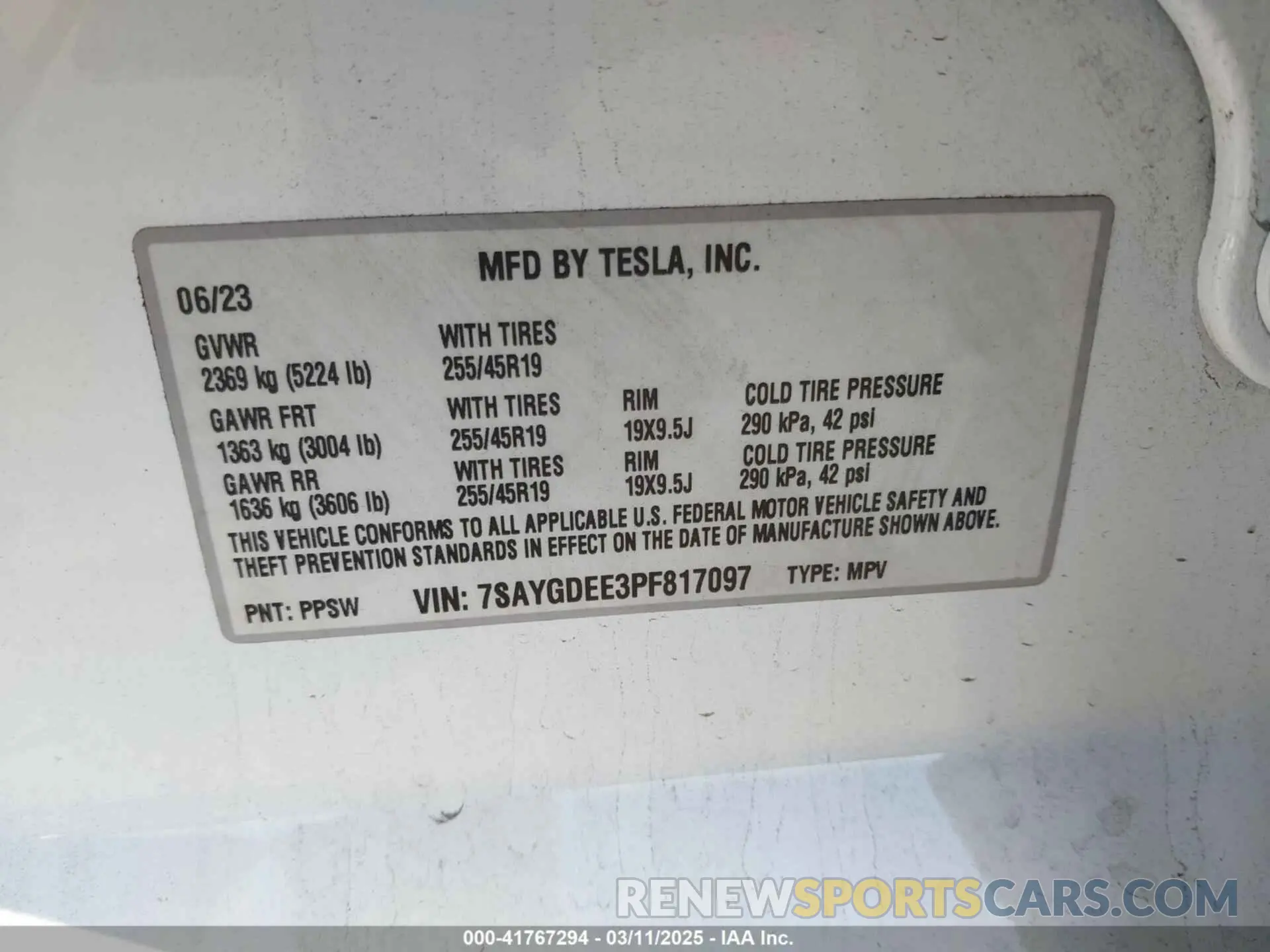 9 fotografías del automóvil dañado 7SAYGDEE3PF817097 TESLA MODEL Y 2023