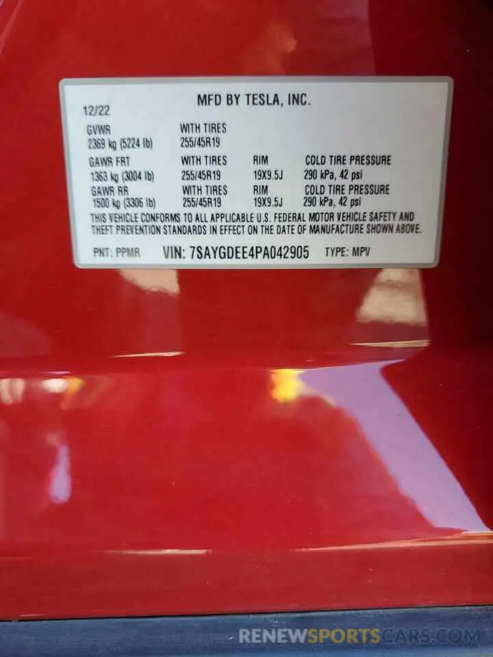 12 fotografías del automóvil dañado 7SAYGDEE4PA042905 TESLA MODEL Y 2023