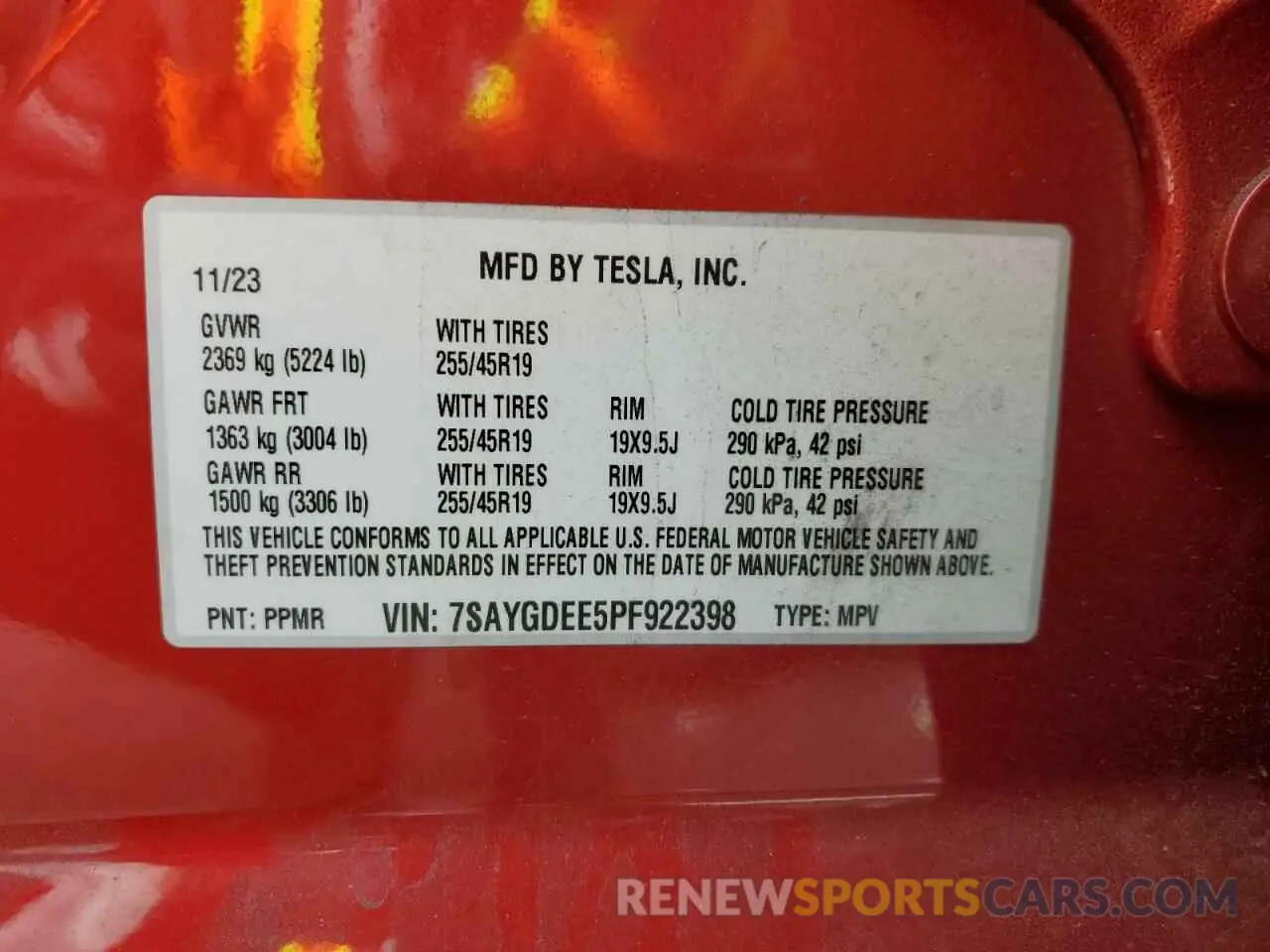 15 fotografías del automóvil dañado 7SAYGDEE5PF922398 TESLA MODEL Y 2023