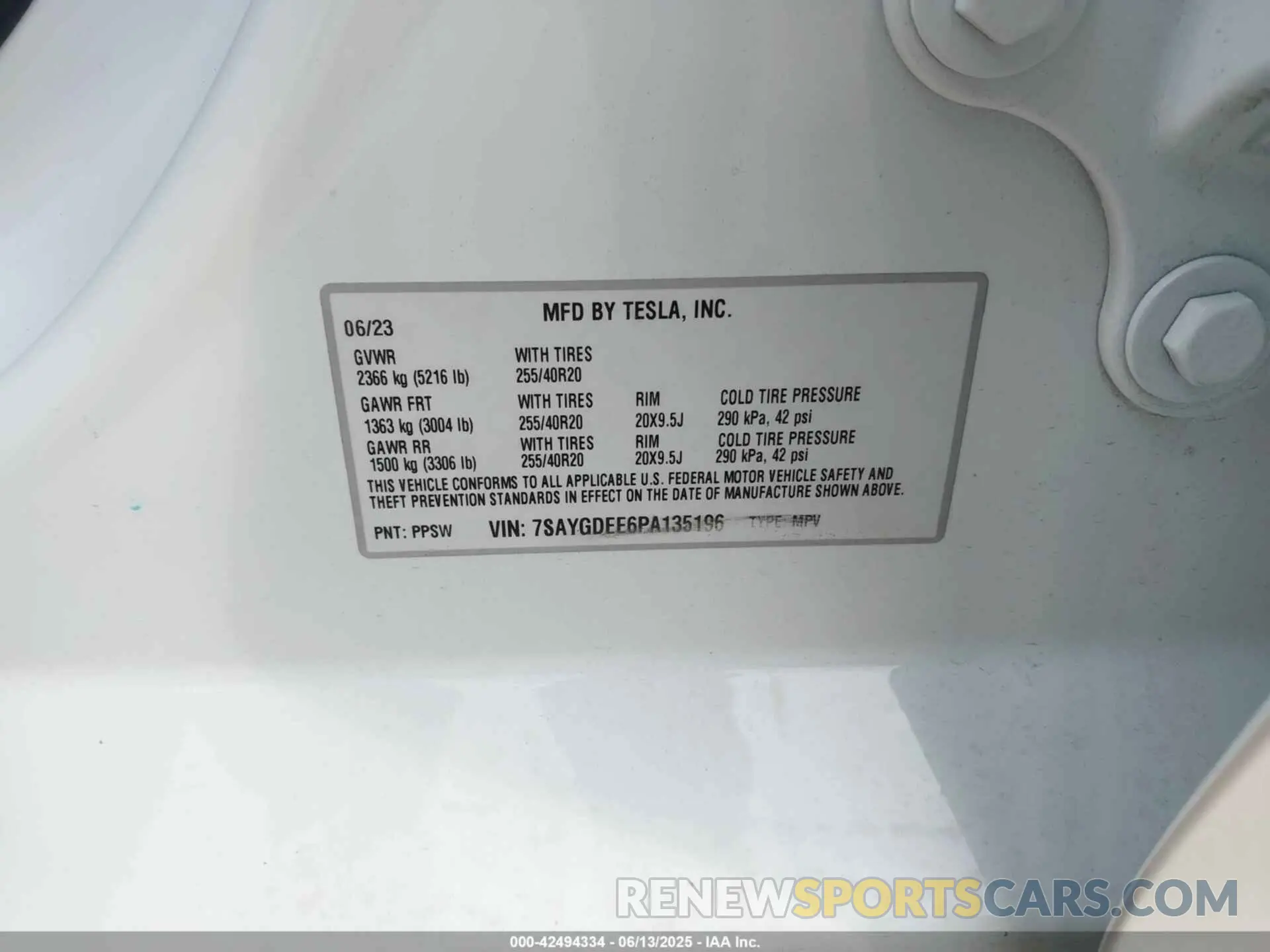 9 fotografías del automóvil dañado 7SAYGDEE6PA135196 TESLA MODEL Y 2023