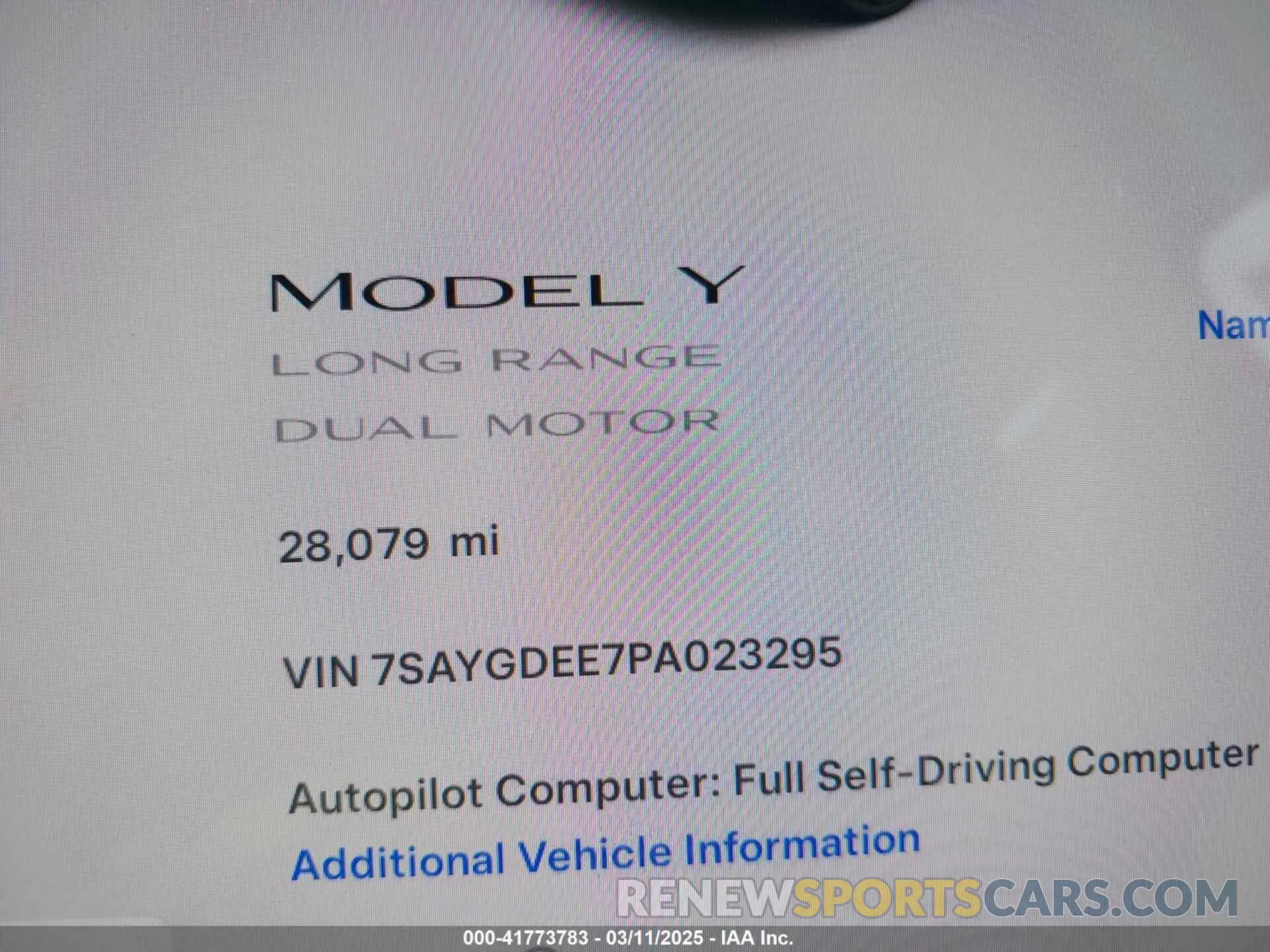 7 fotografías del automóvil dañado 7SAYGDEE7PA023295 TESLA MODEL Y 2023